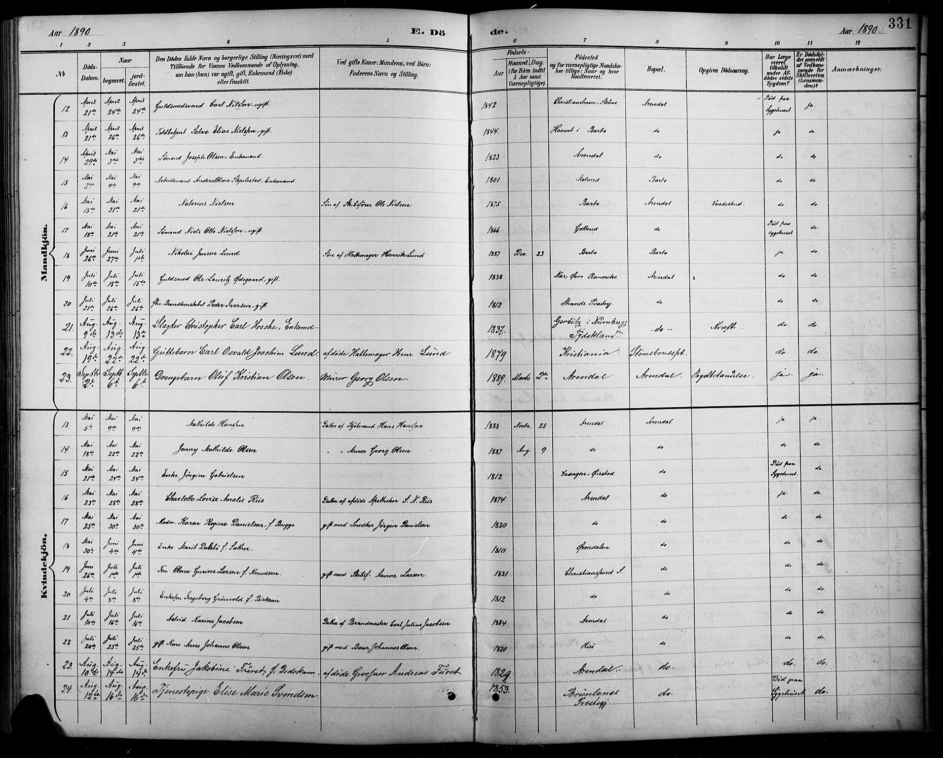 Arendal sokneprestkontor, Trefoldighet, AV/SAK-1111-0040/F/Fb/L0006: Parish register (copy) no. B 6, 1889-1916, p. 331