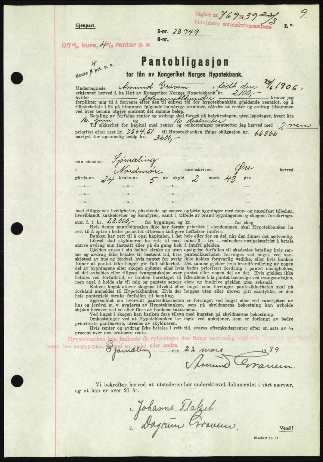 Nordmøre sorenskriveri, AV/SAT-A-4132/1/2/2Ca: Mortgage book no. B85, 1939-1939, Diary no: : 769/1939