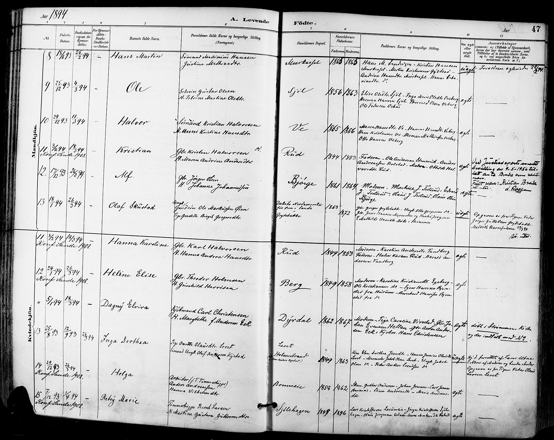 Sande Kirkebøker, AV/SAKO-A-53/F/Fa/L0007: Parish register (official) no. 7, 1888-1903, p. 47