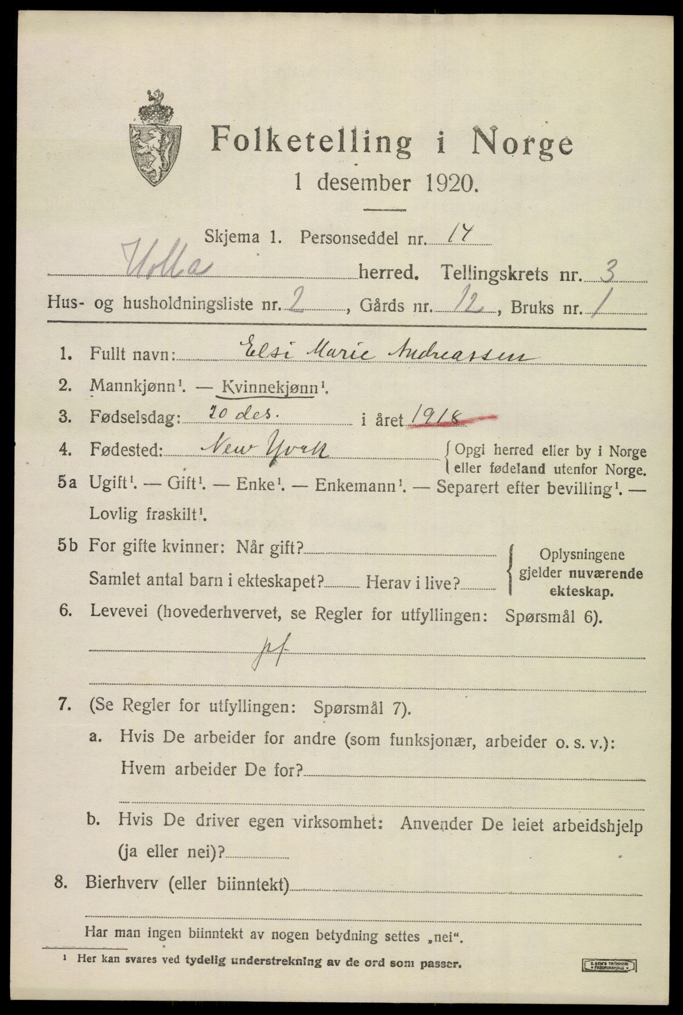 SAKO, 1920 census for Holla, 1920, p. 2637