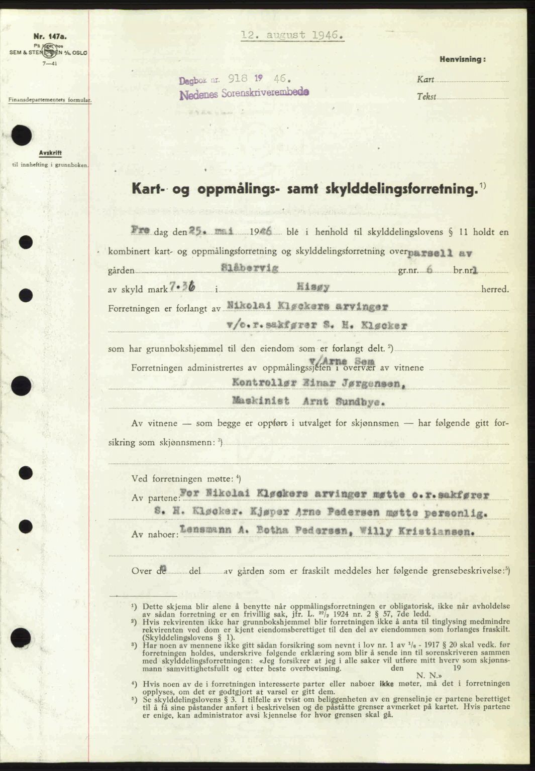 Nedenes sorenskriveri, AV/SAK-1221-0006/G/Gb/Gba/L0055: Mortgage book no. A7, 1946-1946, Diary no: : 918/1946