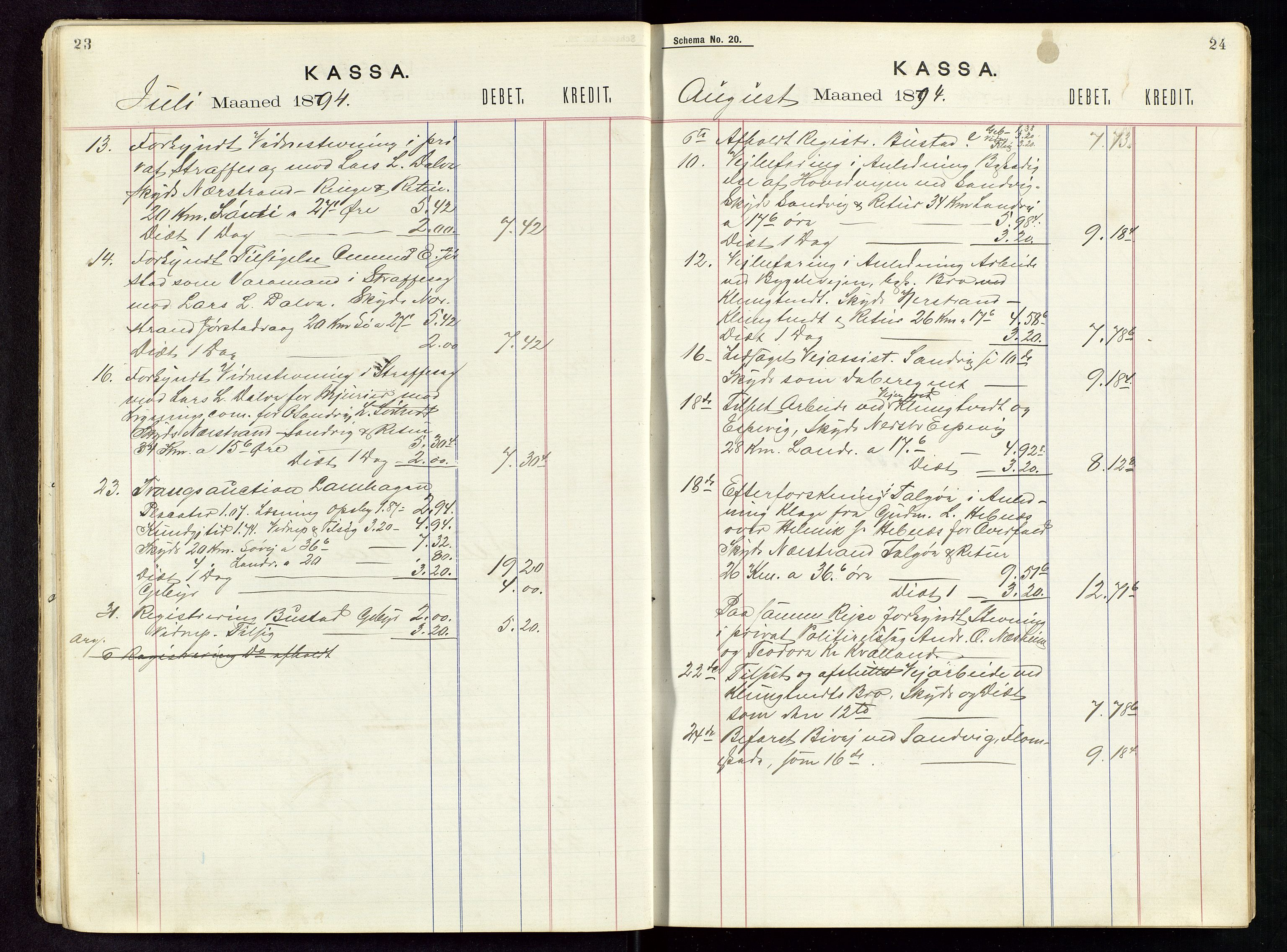 Nedstrand lensmannskontor, AV/SAST-A-100236/Rf/L0001: Skyss- og kostgodtgjørelse reiser, 1891-1898, p. 23-24