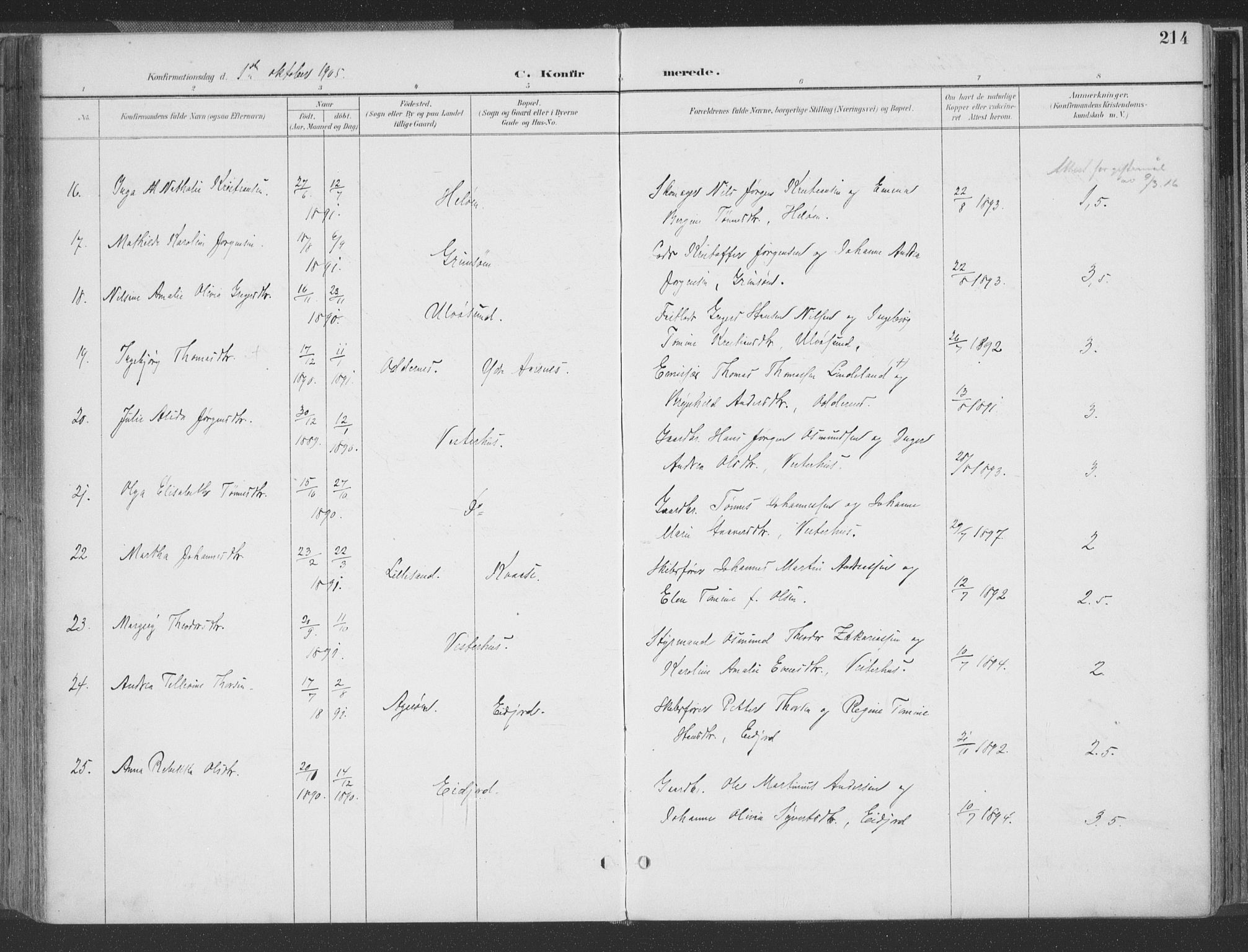 Høvåg sokneprestkontor, AV/SAK-1111-0025/F/Fa/L0006: Parish register (official) no. A 6, 1894-1923, p. 214