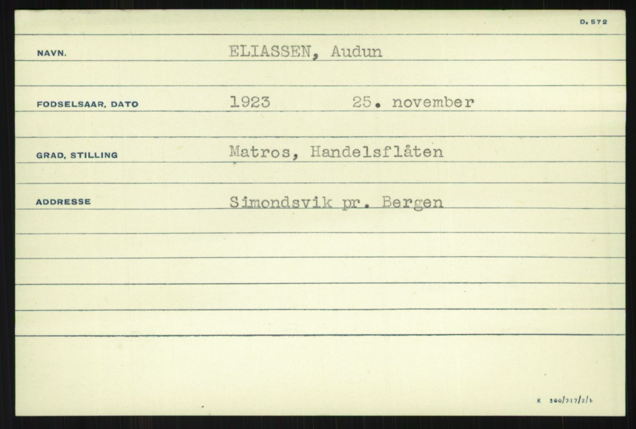 Direktoratet for sjømenn, AV/RA-S-3545/G/Gi/L0005: Alfabetisk ordnet kartotek over krigsdekorasjoner tildelt nordmenn under krigen, Ekeberg - Hendriksen, 1940-1945, p. 37