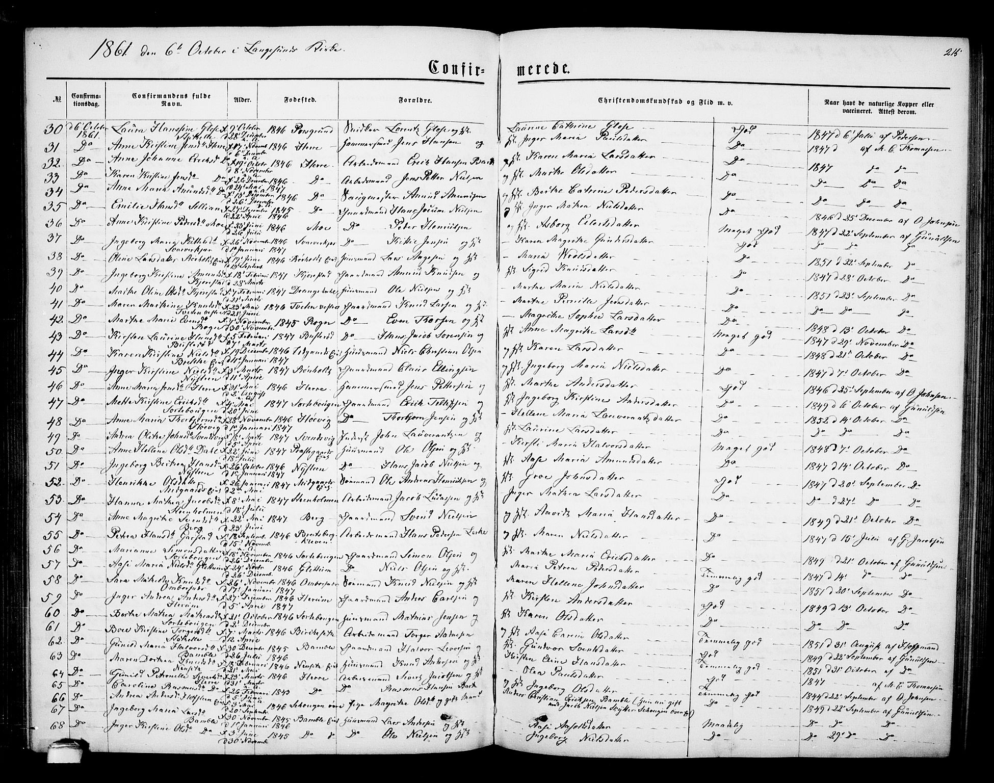 Bamble kirkebøker, AV/SAKO-A-253/G/Ga/L0006: Parish register (copy) no. I 6, 1860-1876, p. 215