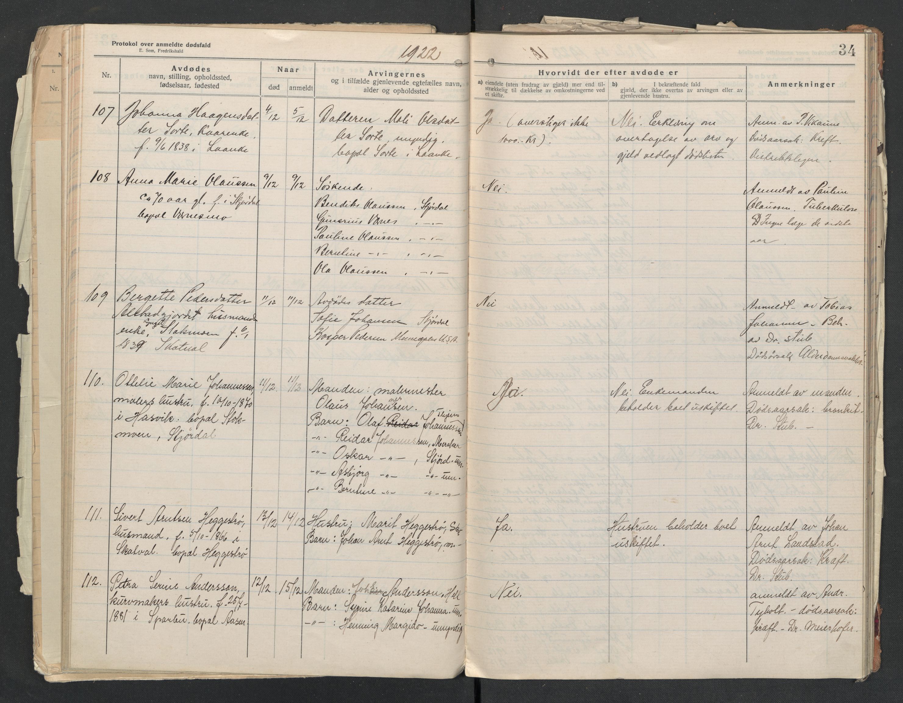 Nedre Stjørdal lensmannskontor, AV/SAT-A-1044/02/L0005: 2.01.05 Dødsfallsprotokoller, 1921-1928, p. 34