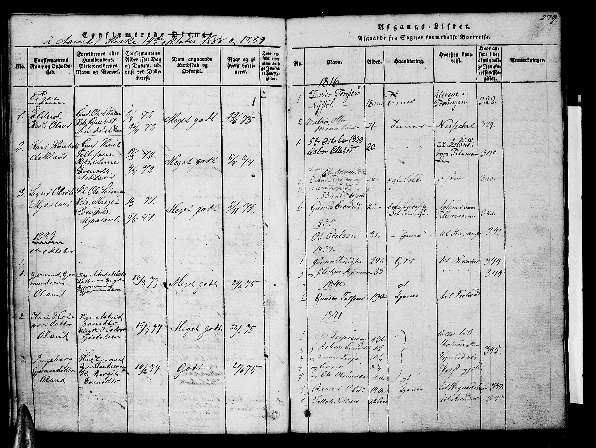 Åmli sokneprestkontor, SAK/1111-0050/F/Fb/Fba/L0001: Parish register (copy) no. B 1, 1816-1890, p. 279