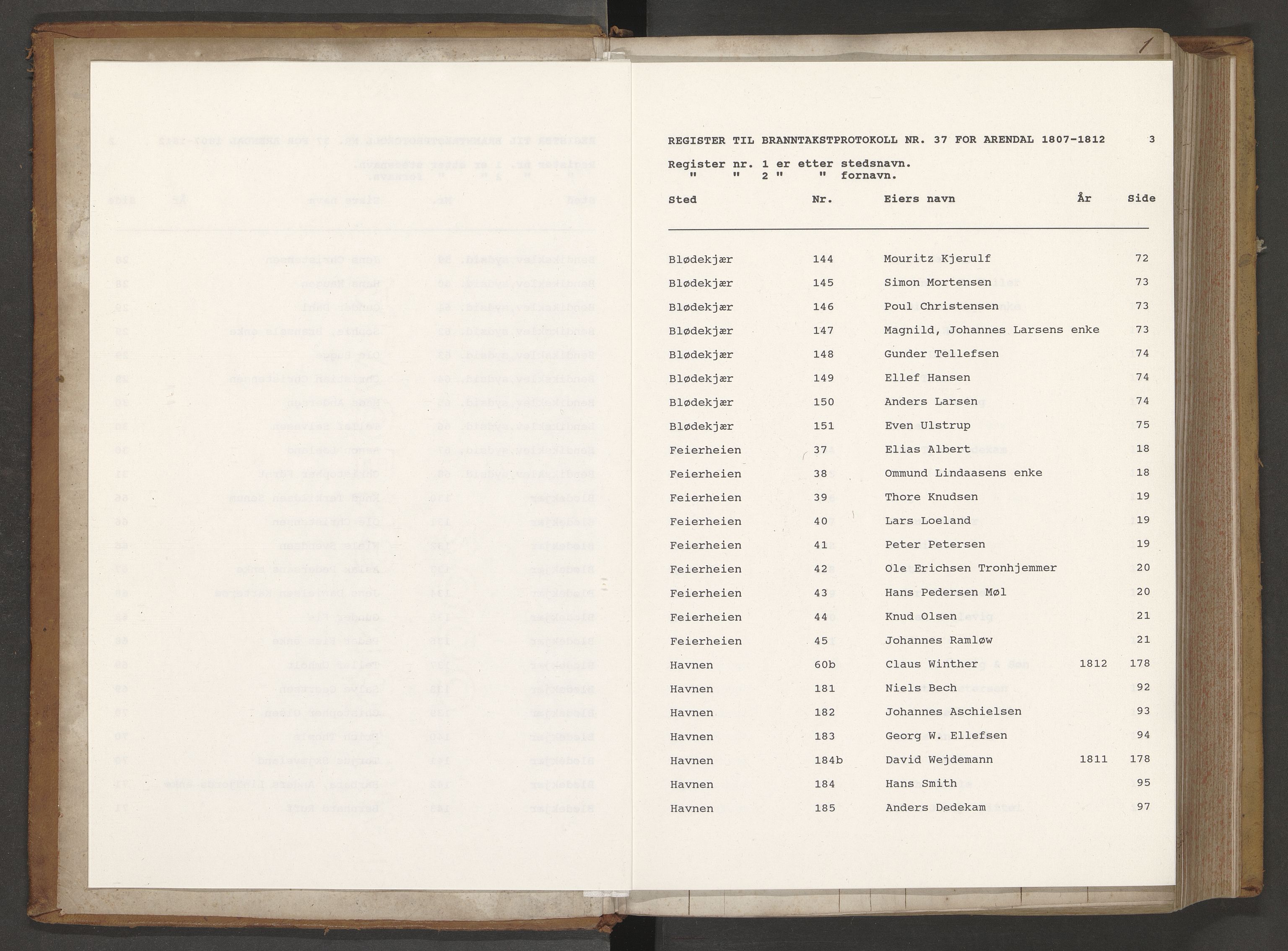 Norges Brannkasse Arendal, AV/SAK-2241-0002/F/Fa/L0039: Brannforsikringsprotokoll nr. 37 med steds- og fornavnsregister, 1807-1817