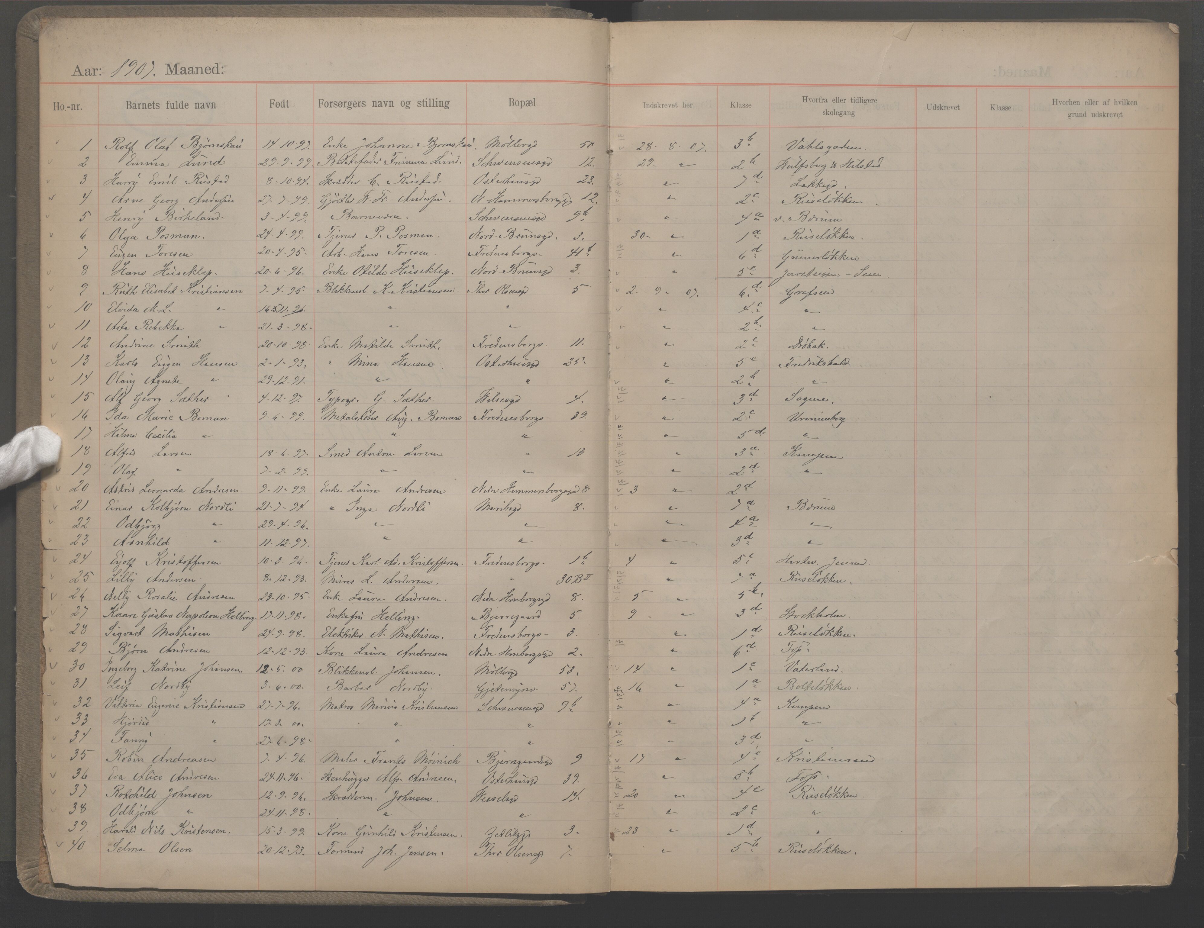 Møllergata skole, OBA/A-20129/F/Fa/L0002: Ut-/innskrivningsprotokoll, 1907-1932, p. 4