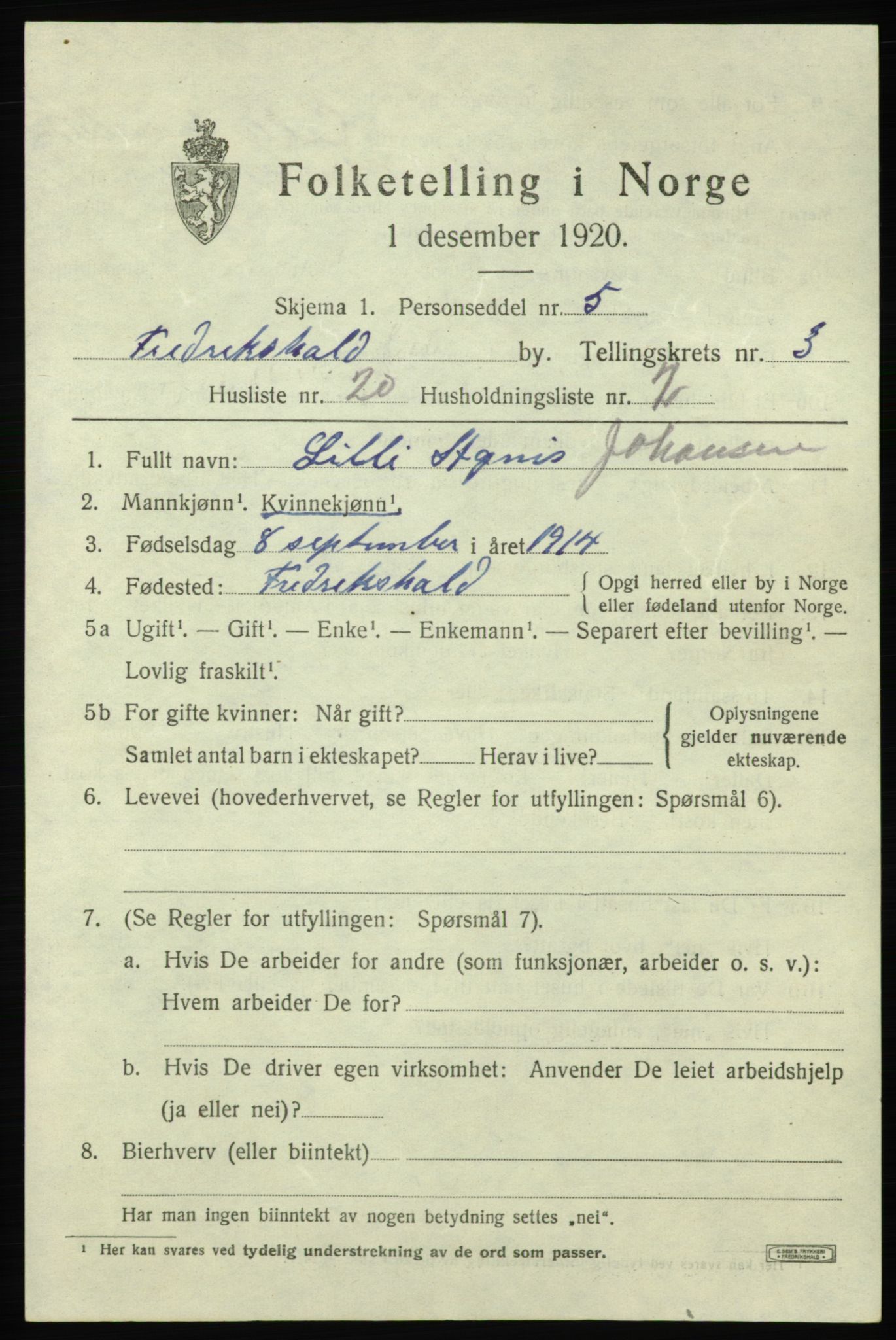 SAO, 1920 census for Fredrikshald, 1920, p. 10922