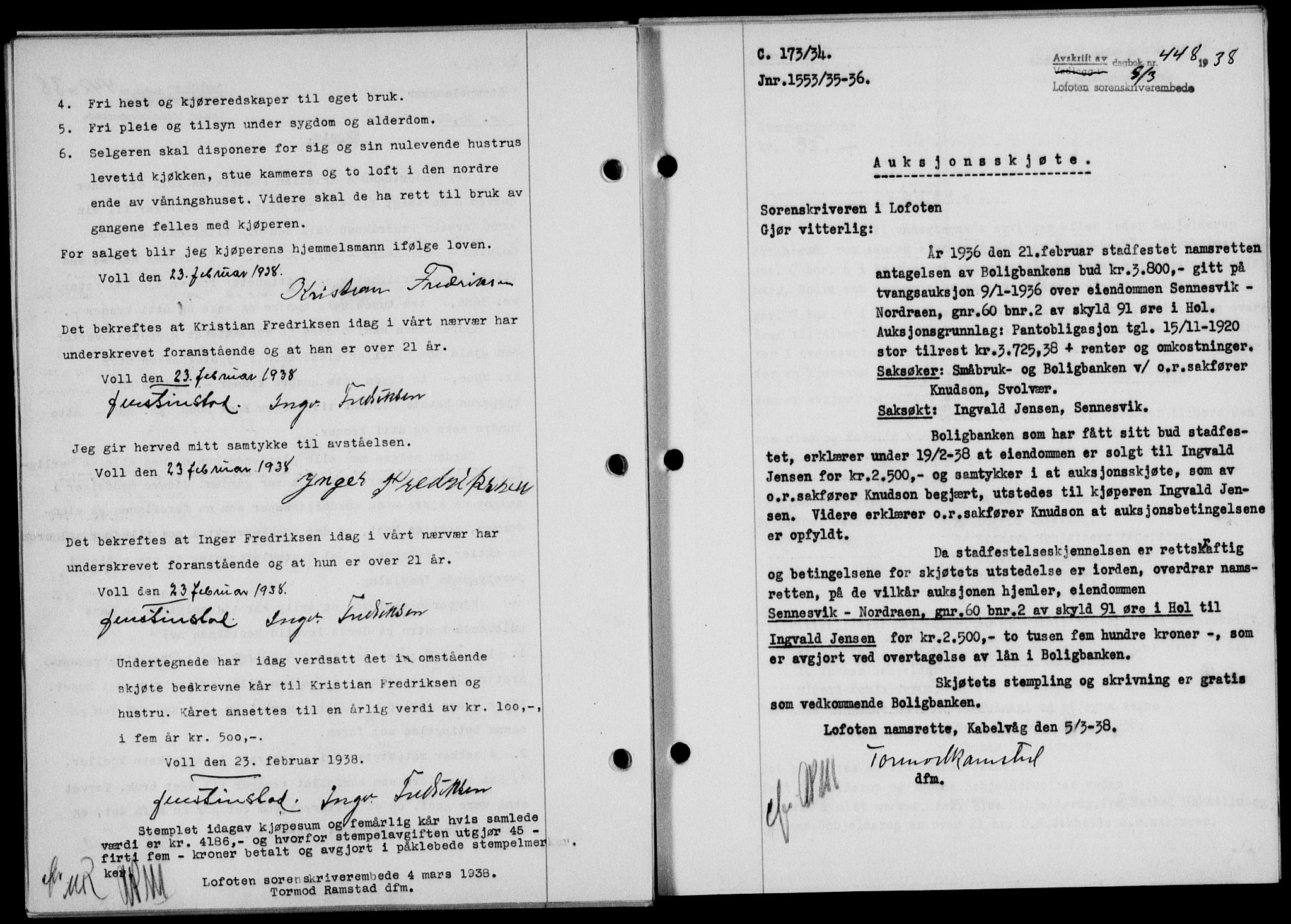 Lofoten sorenskriveri, SAT/A-0017/1/2/2C/L0003a: Mortgage book no. 3a, 1937-1938, Diary no: : 448/1938