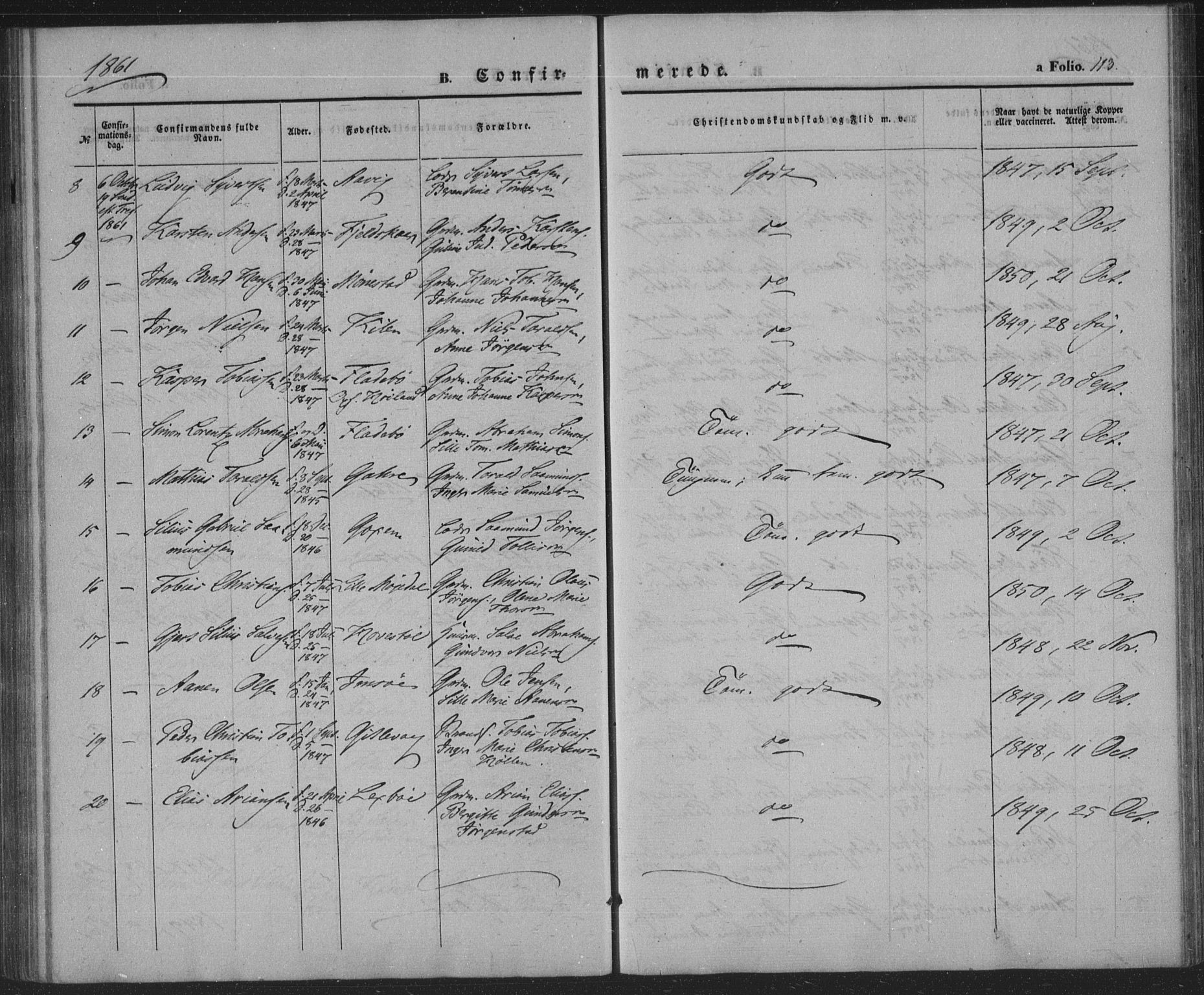 Sør-Audnedal sokneprestkontor, SAK/1111-0039/F/Fa/Faa/L0002: Parish register (official) no. A 2, 1848-1867, p. 113