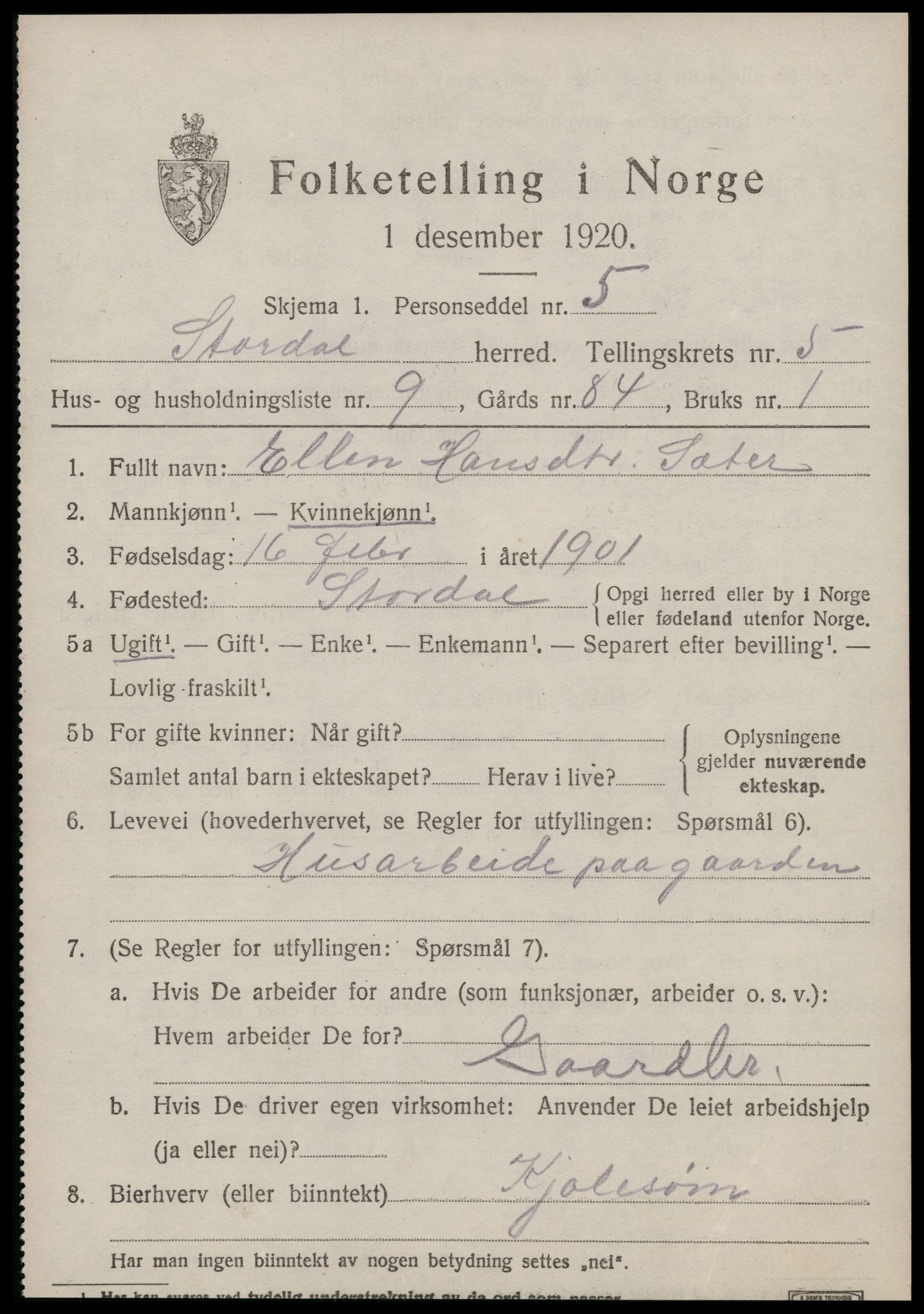 SAT, 1920 census for Stordal, 1920, p. 1644