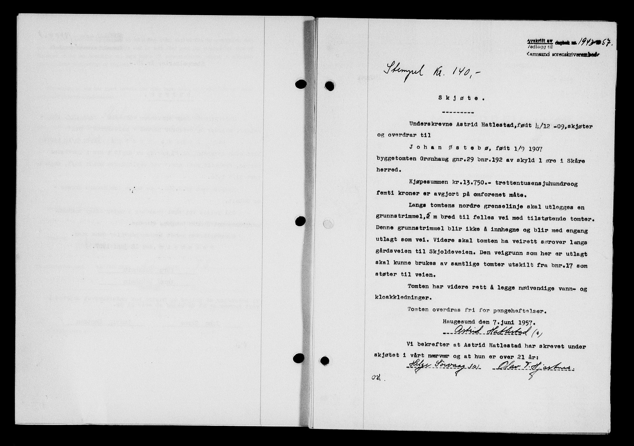 Karmsund sorenskriveri, AV/SAST-A-100311/01/II/IIB/L0125: Mortgage book no. 105A, 1957-1957, Diary no: : 1943/1957