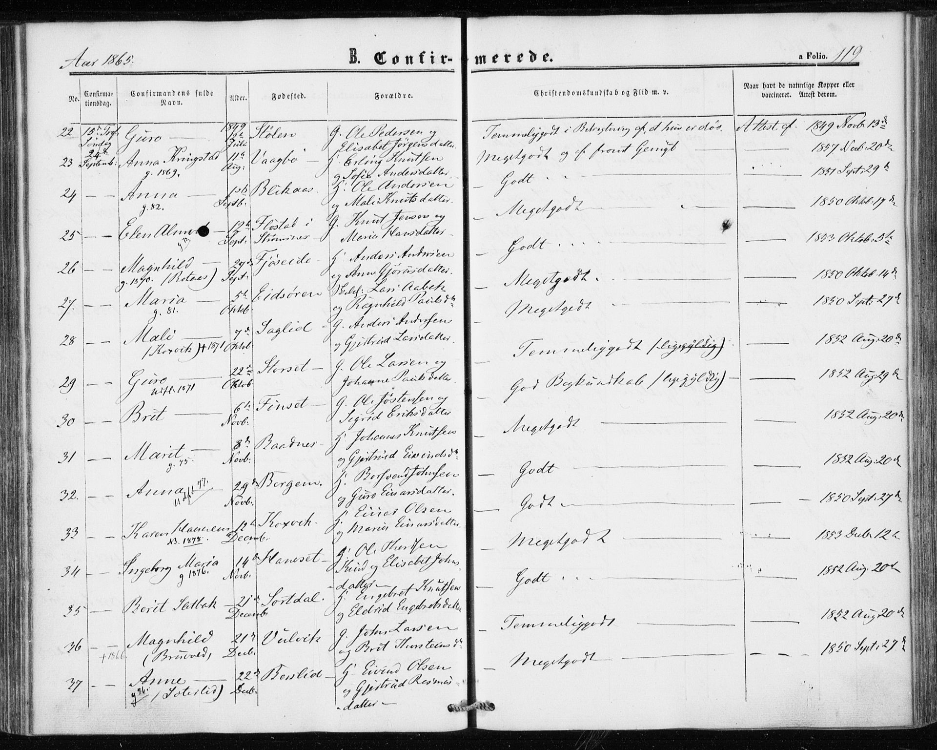 Ministerialprotokoller, klokkerbøker og fødselsregistre - Møre og Romsdal, AV/SAT-A-1454/586/L0985: Parish register (official) no. 586A11, 1857-1866, p. 119