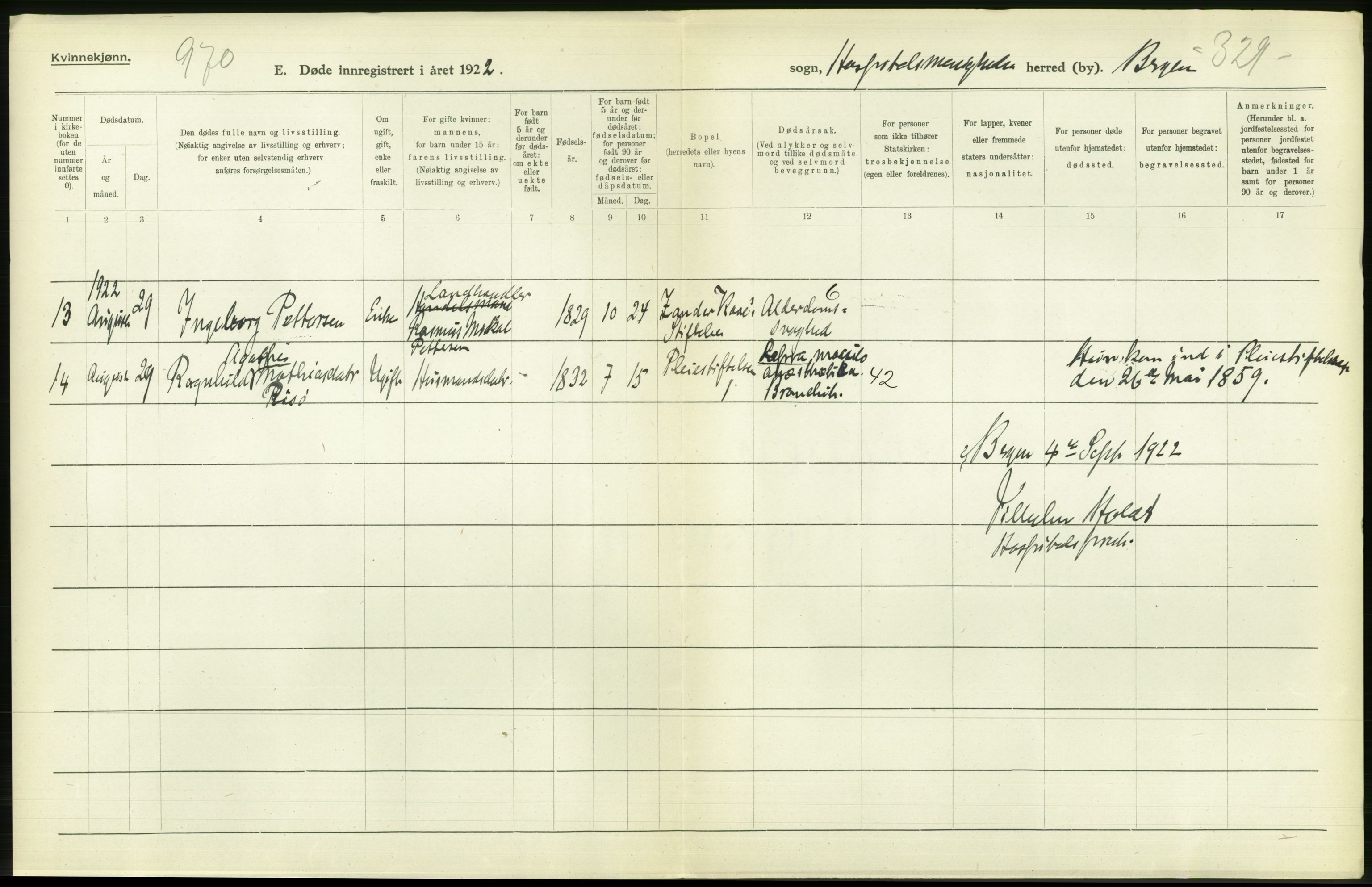 Statistisk sentralbyrå, Sosiodemografiske emner, Befolkning, AV/RA-S-2228/D/Df/Dfc/Dfcb/L0030: Bergen: Gifte, døde, dødfødte., 1922, p. 436