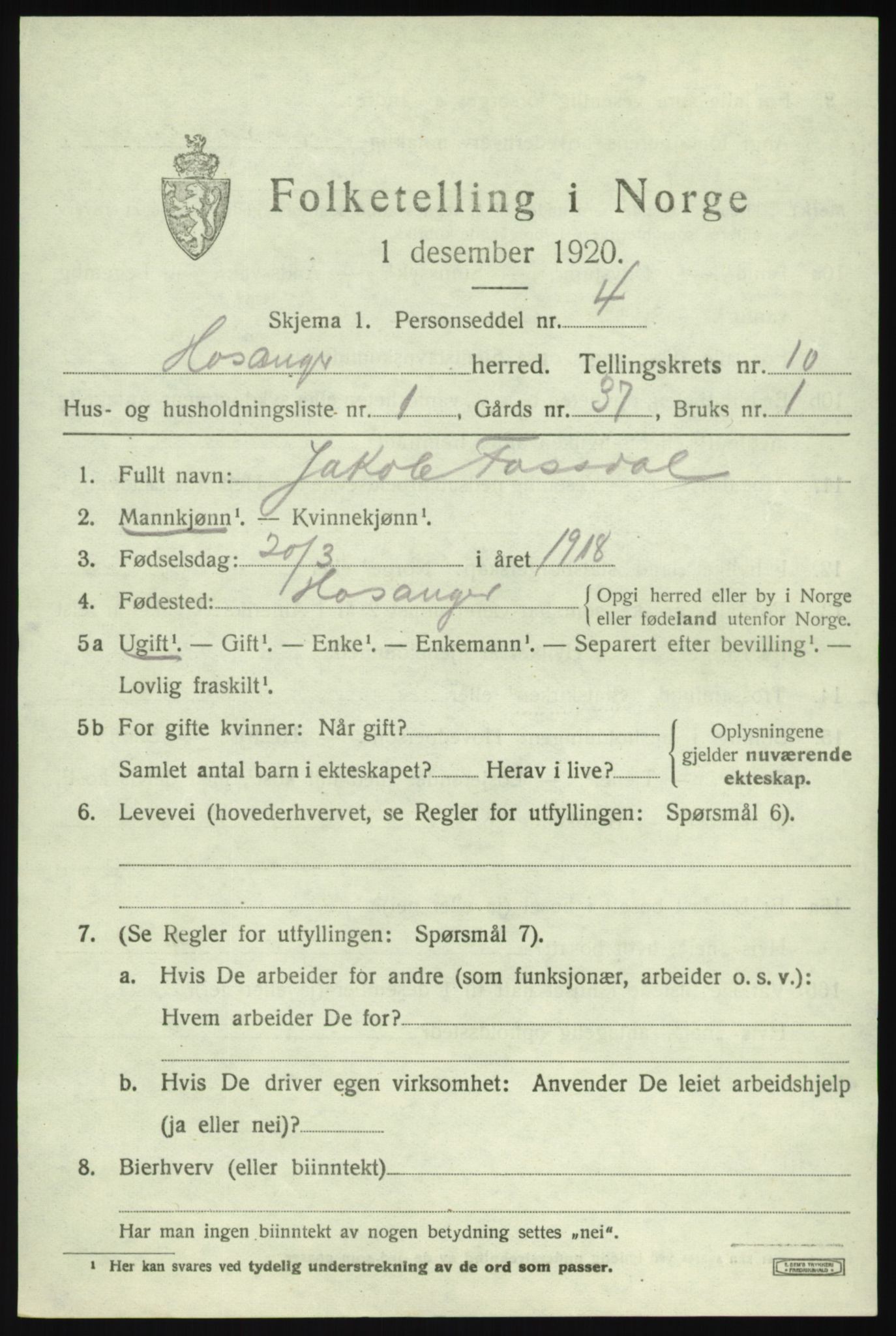 SAB, 1920 census for Hosanger, 1920, p. 4197