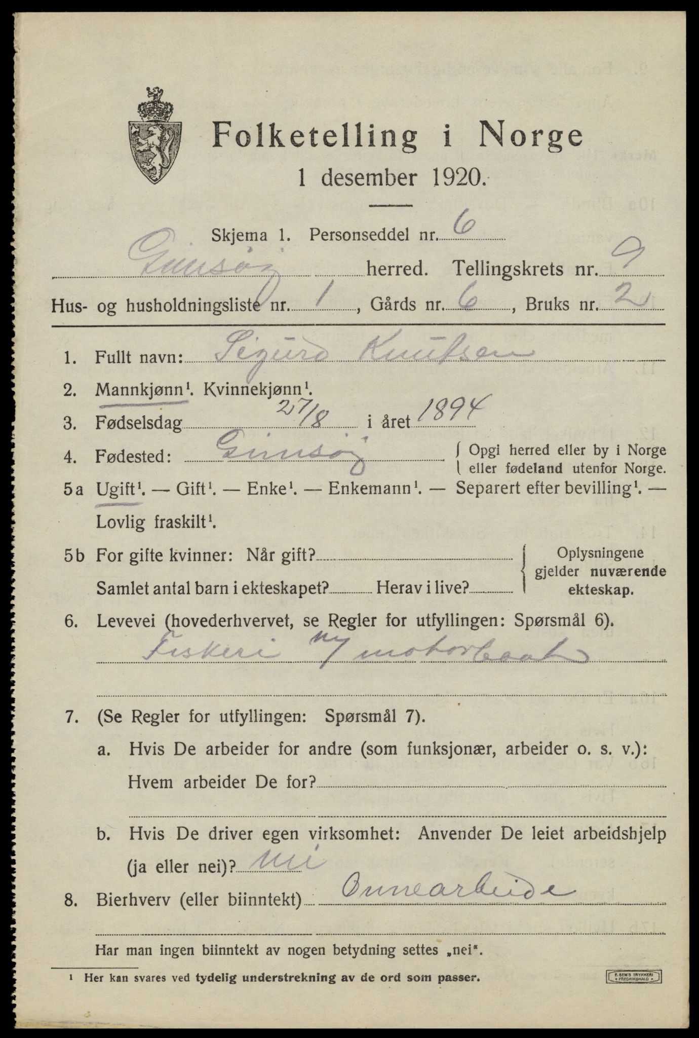 SAT, 1920 census for Gimsøy, 1920, p. 3563