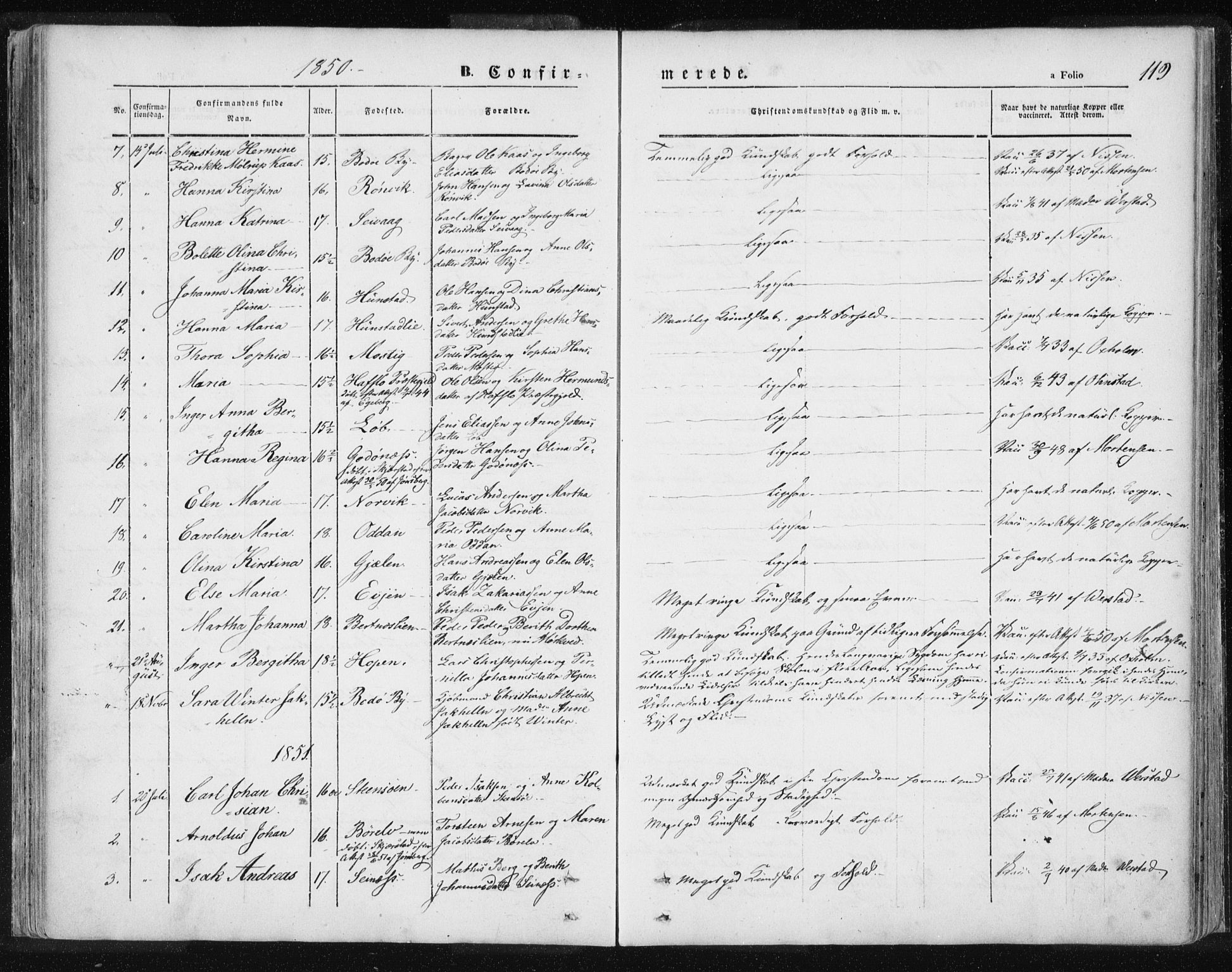 Ministerialprotokoller, klokkerbøker og fødselsregistre - Nordland, AV/SAT-A-1459/801/L0007: Parish register (official) no. 801A07, 1845-1863, p. 119