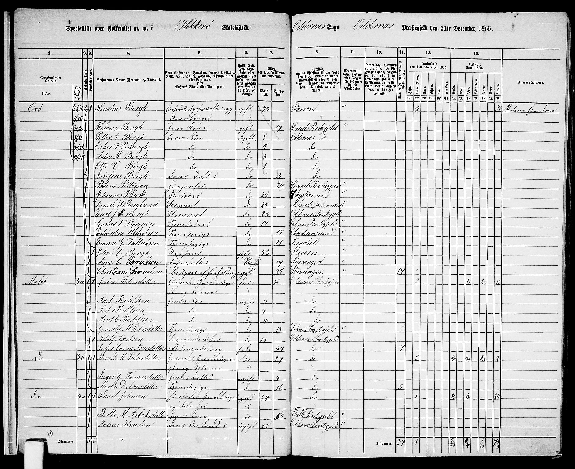 RA, 1865 census for Oddernes, 1865, p. 18