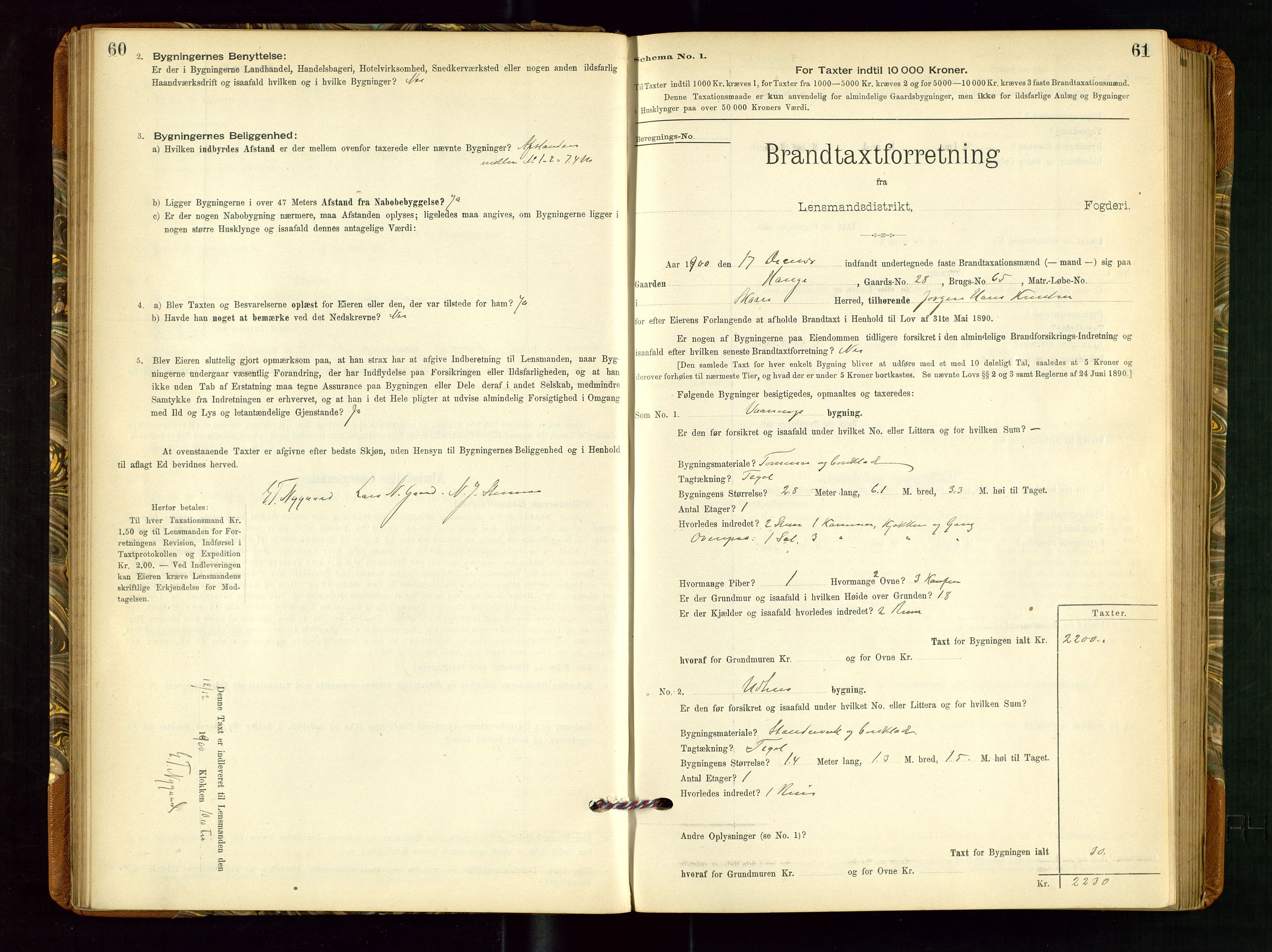 Torvestad lensmannskontor, SAST/A-100307/1/Gob/L0002: "Brandtakstprotokol for Lensmanden i Torvestad", 1900-1905, p. 60-61