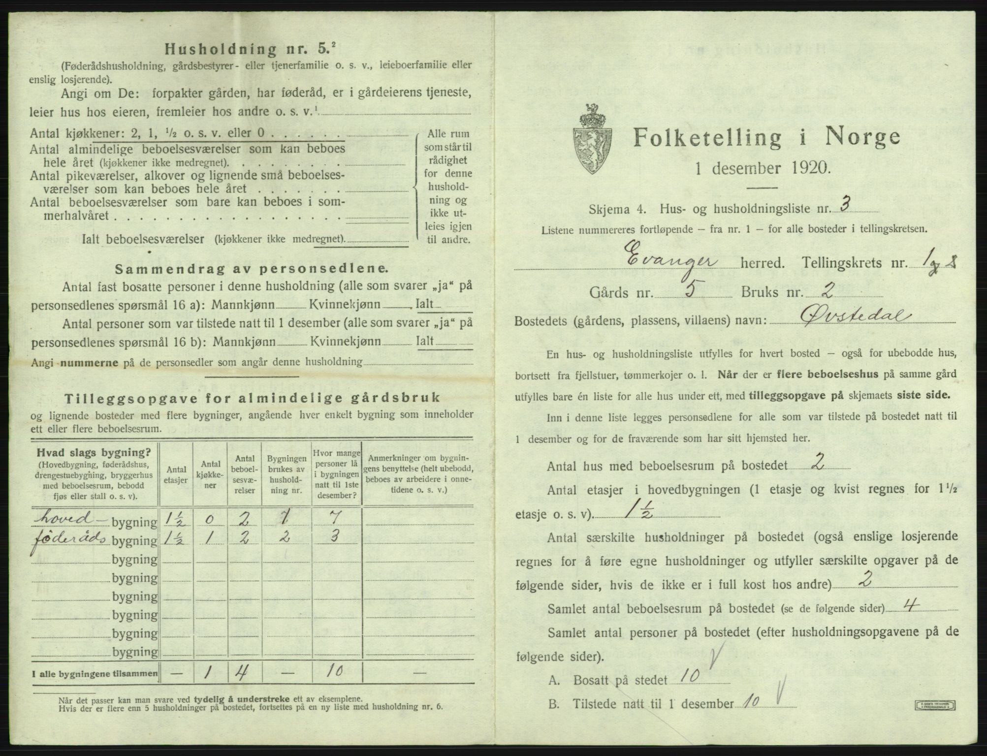 SAB, 1920 census for Evanger, 1920, p. 65