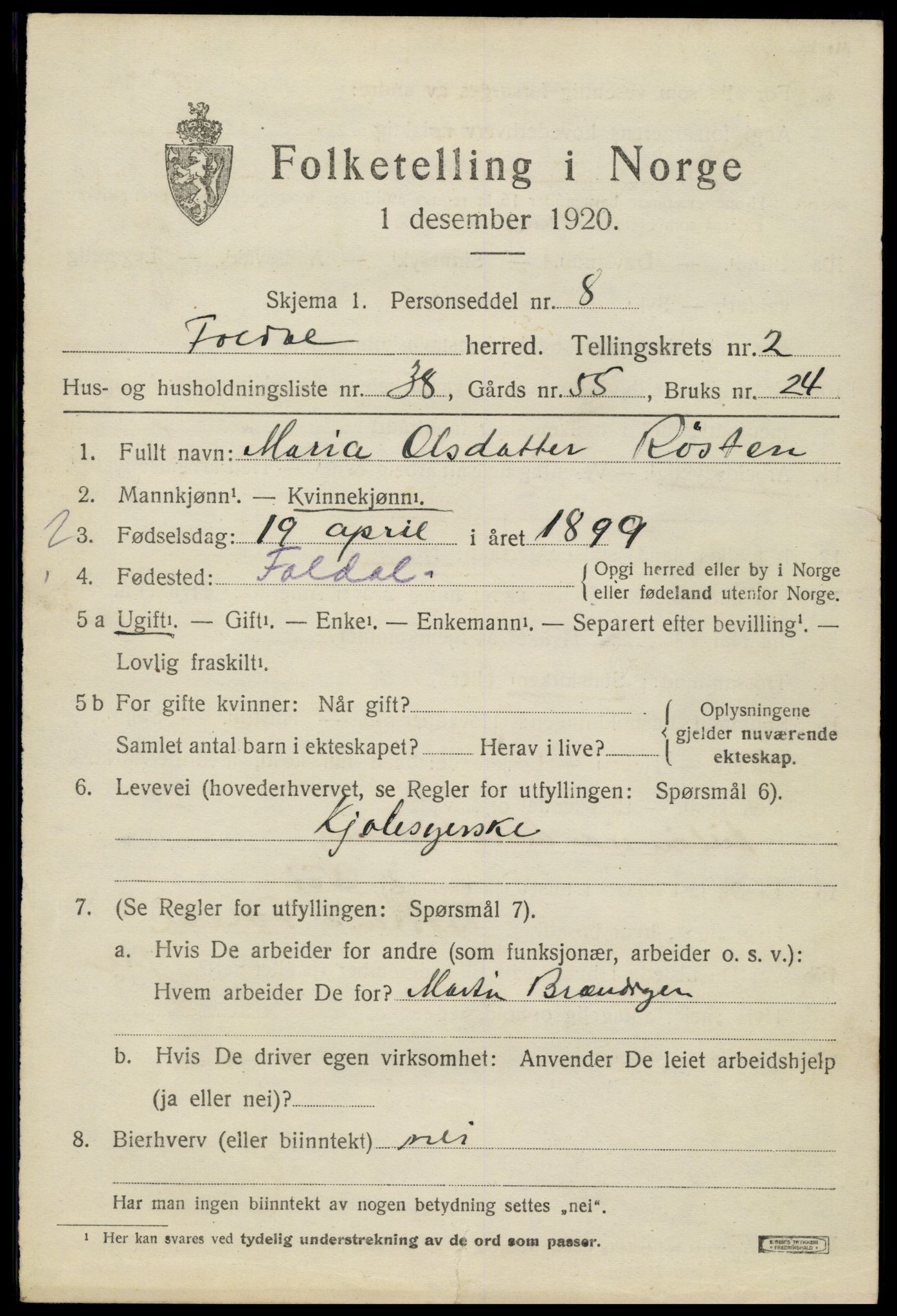 SAH, 1920 census for Folldal, 1920, p. 1445