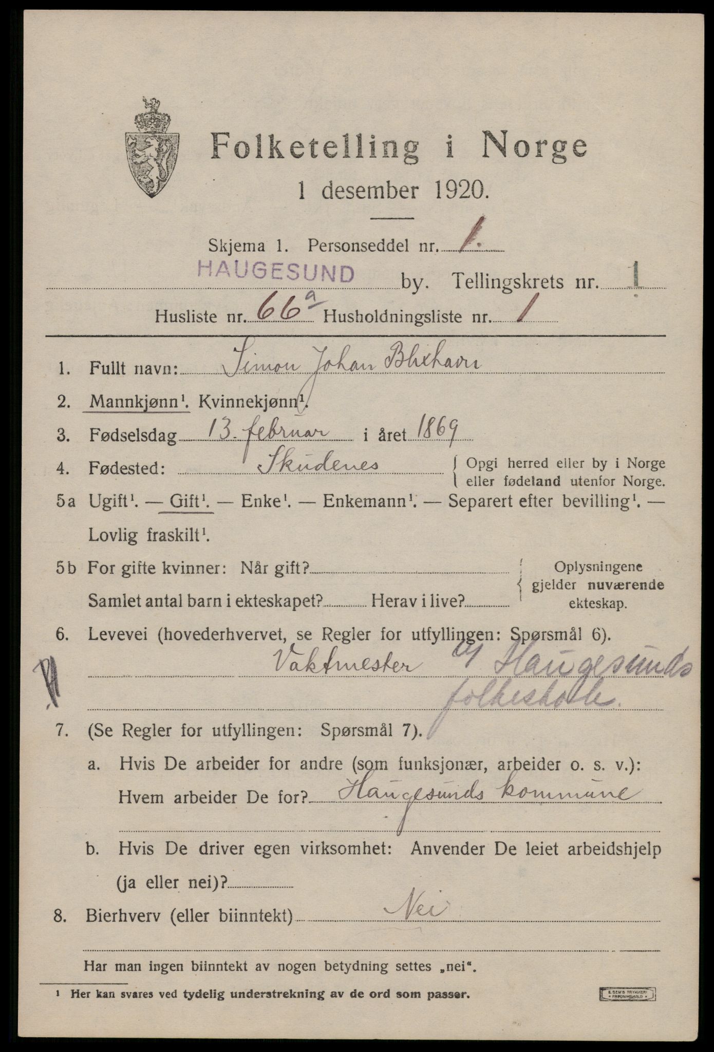 SAST, 1920 census for Haugesund, 1920, p. 12519