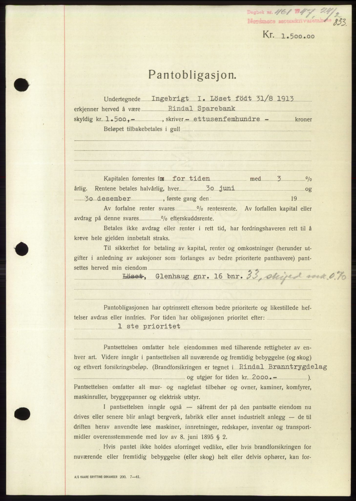 Nordmøre sorenskriveri, AV/SAT-A-4132/1/2/2Ca: Mortgage book no. B95, 1946-1947, Diary no: : 461/1947