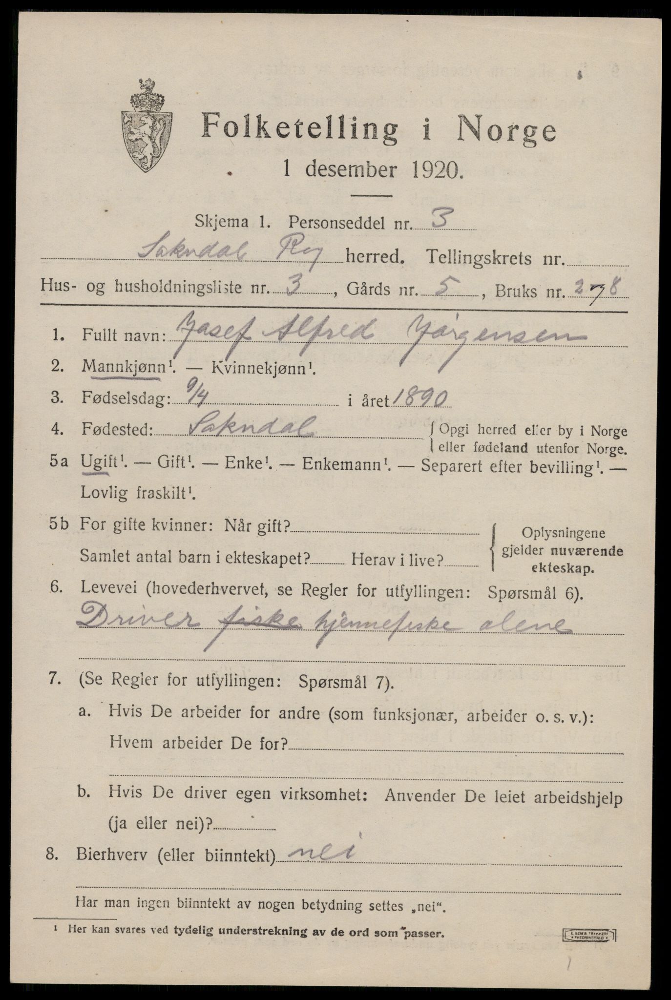 SAST, 1920 census for Sokndal, 1920, p. 1719