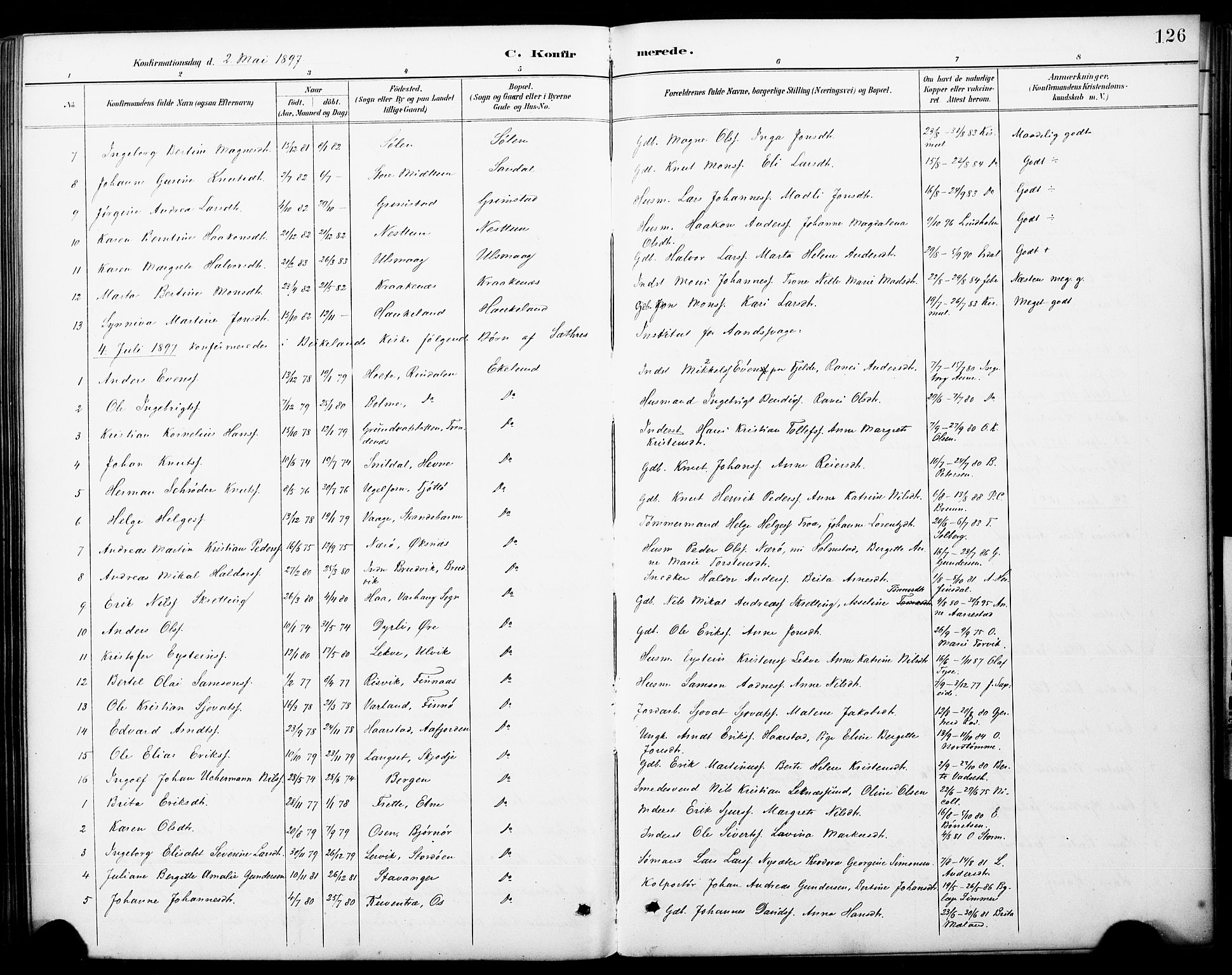 Fana Sokneprestembete, AV/SAB-A-75101/H/Haa/Haai/L0002: Parish register (official) no. I 2, 1888-1899, p. 126