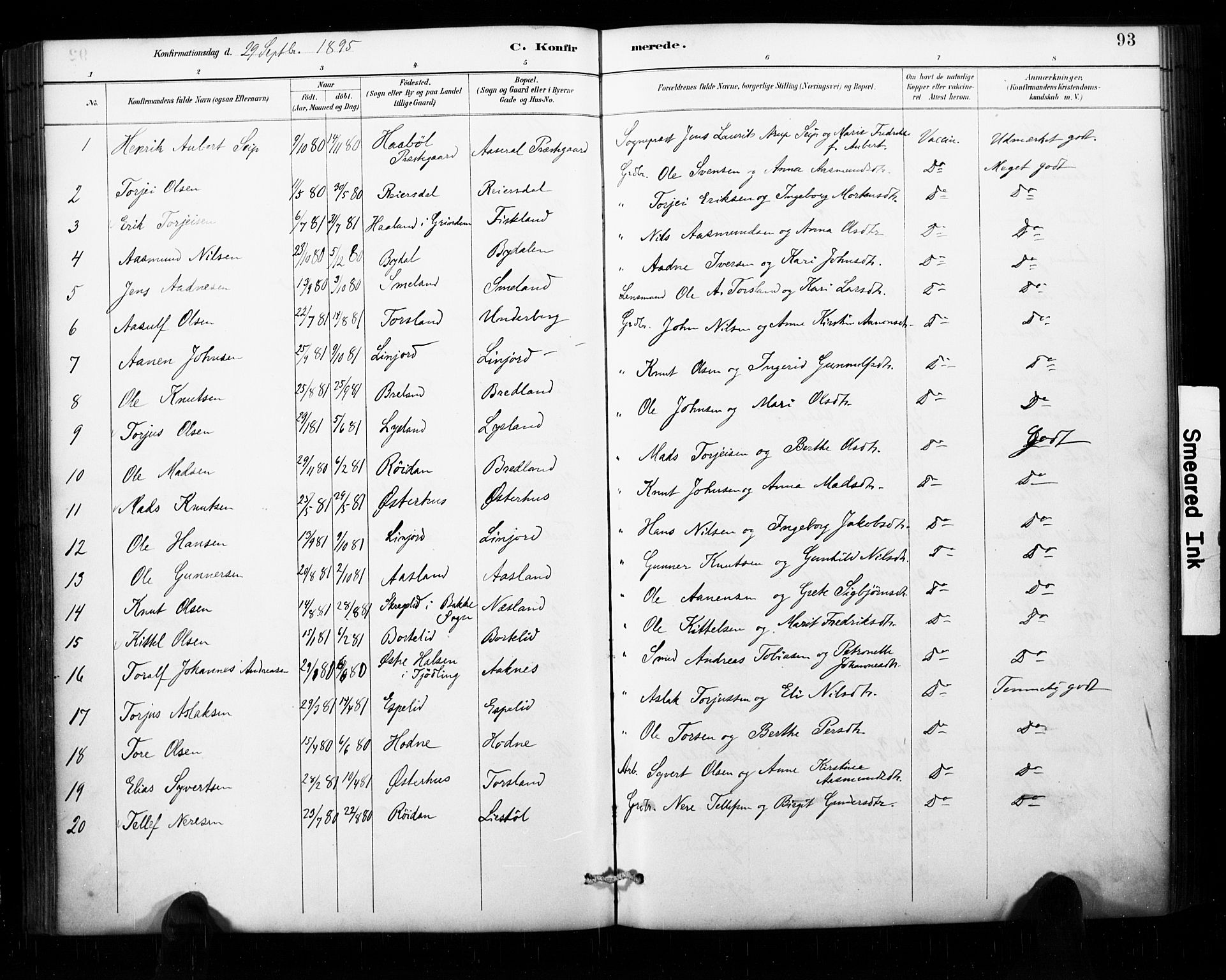 Åseral sokneprestkontor, AV/SAK-1111-0051/F/Fa/L0003: Parish register (official) no. A 3, 1884-1901, p. 93