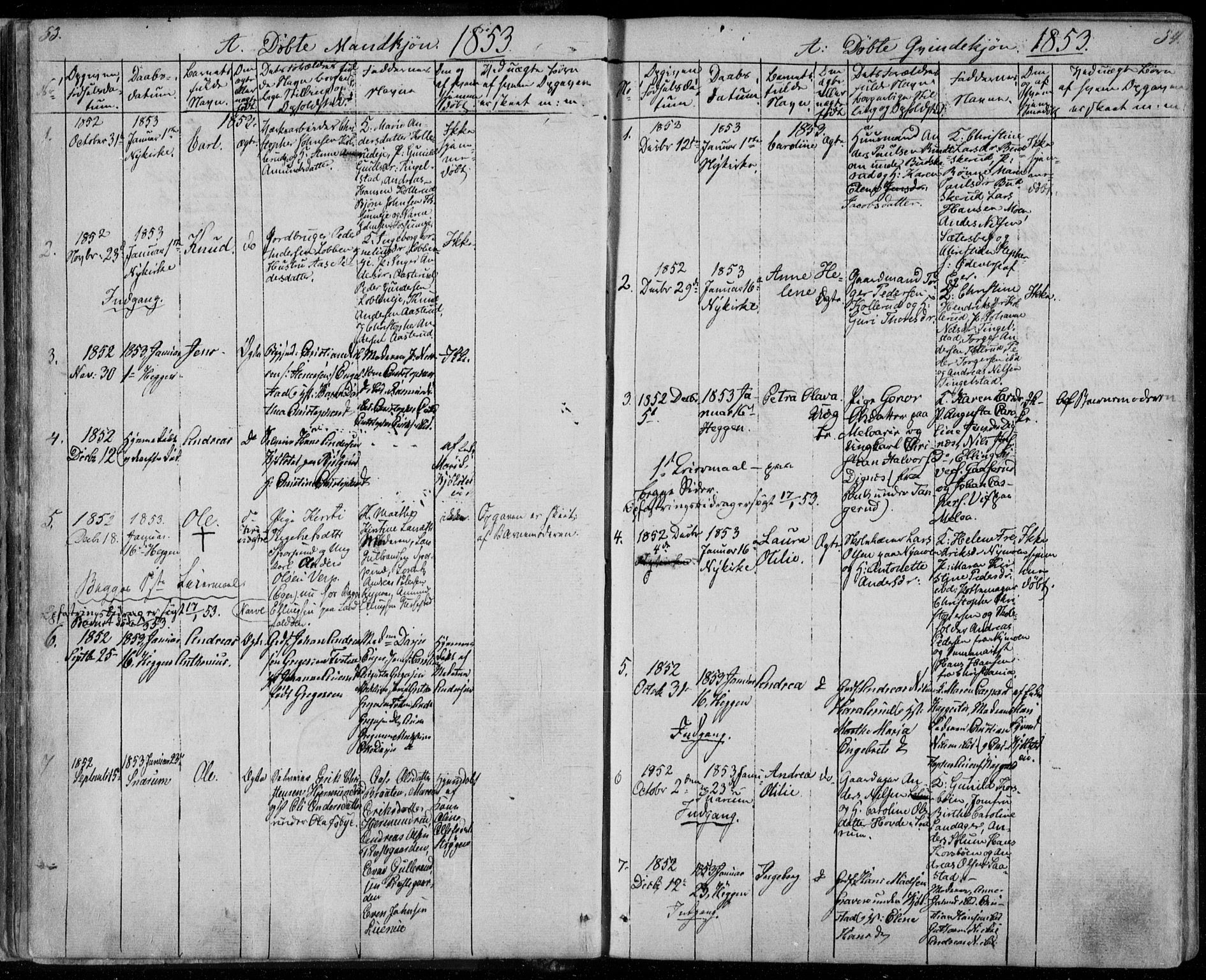 Modum kirkebøker, SAKO/A-234/F/Fa/L0008: Parish register (official) no. 8, 1851-1859, p. 53-54