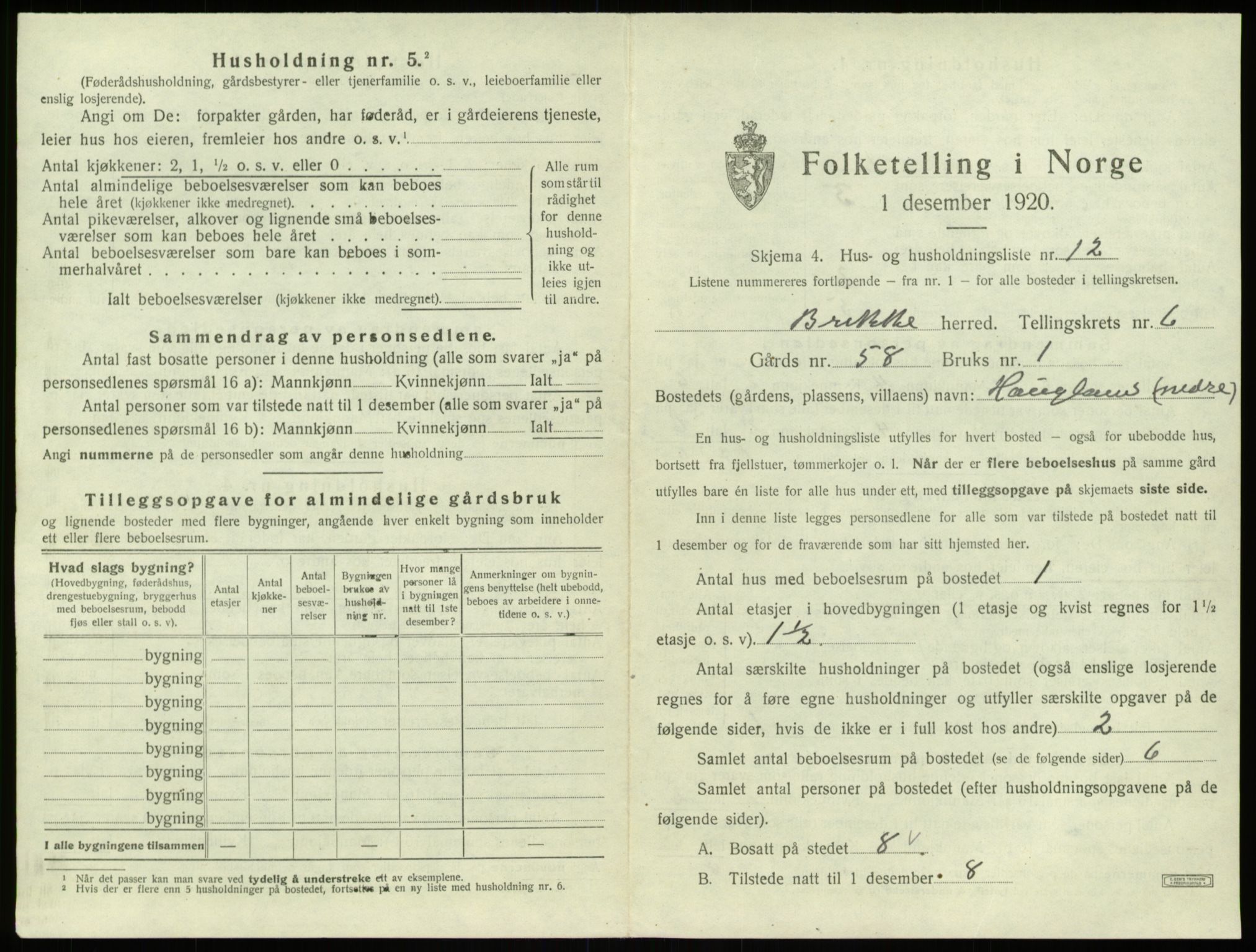 SAB, 1920 census for Brekke, 1920, p. 192