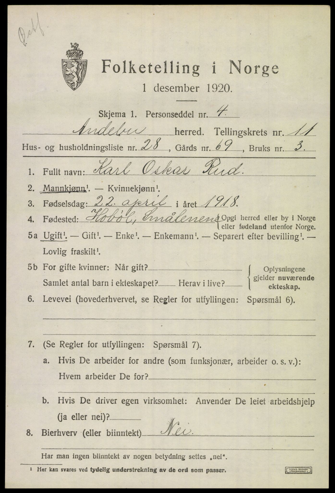 SAKO, 1920 census for Andebu, 1920, p. 4460