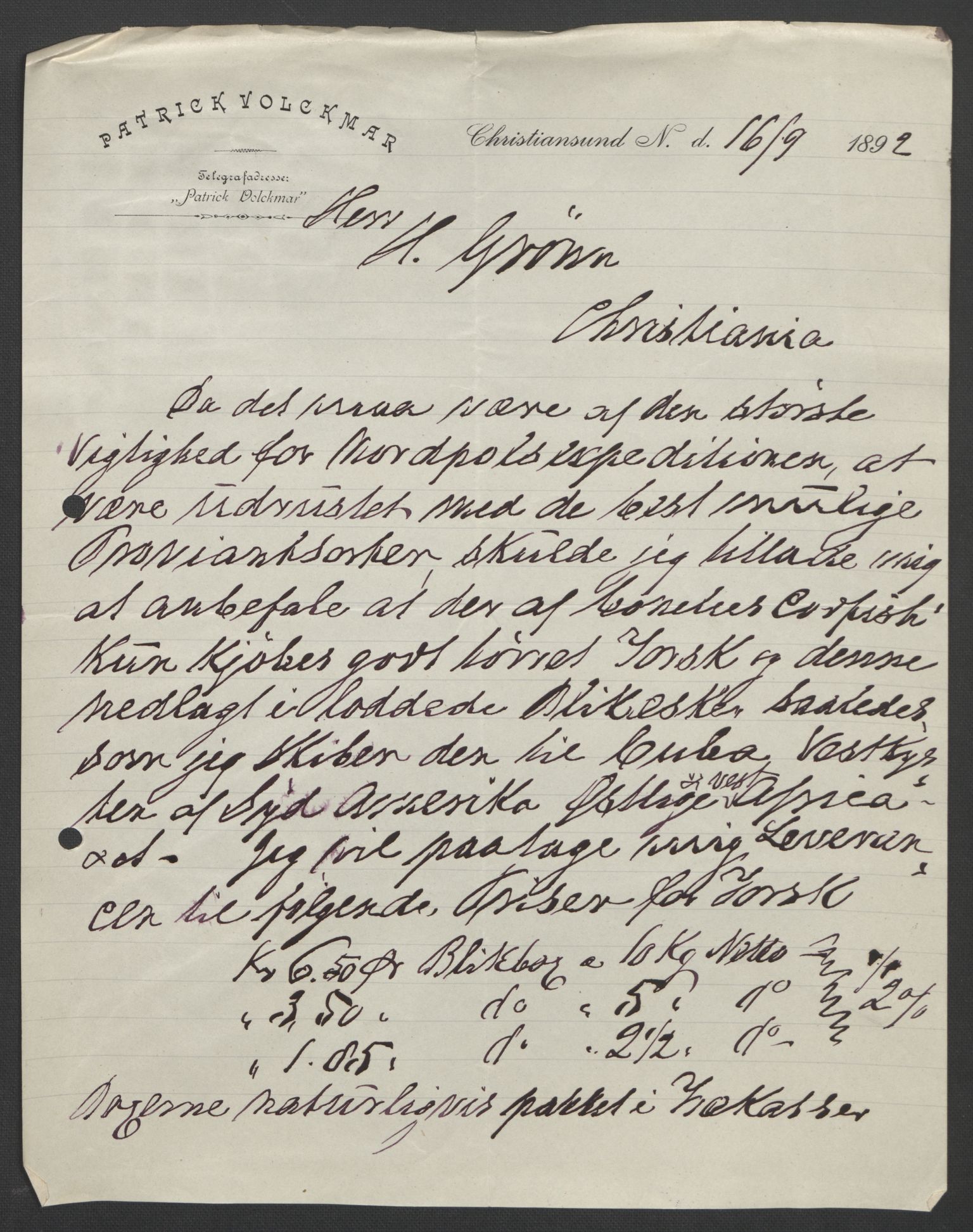 Arbeidskomitéen for Fridtjof Nansens polarekspedisjon, AV/RA-PA-0061/D/L0004: Innk. brev og telegrammer vedr. proviant og utrustning, 1892-1893, p. 571