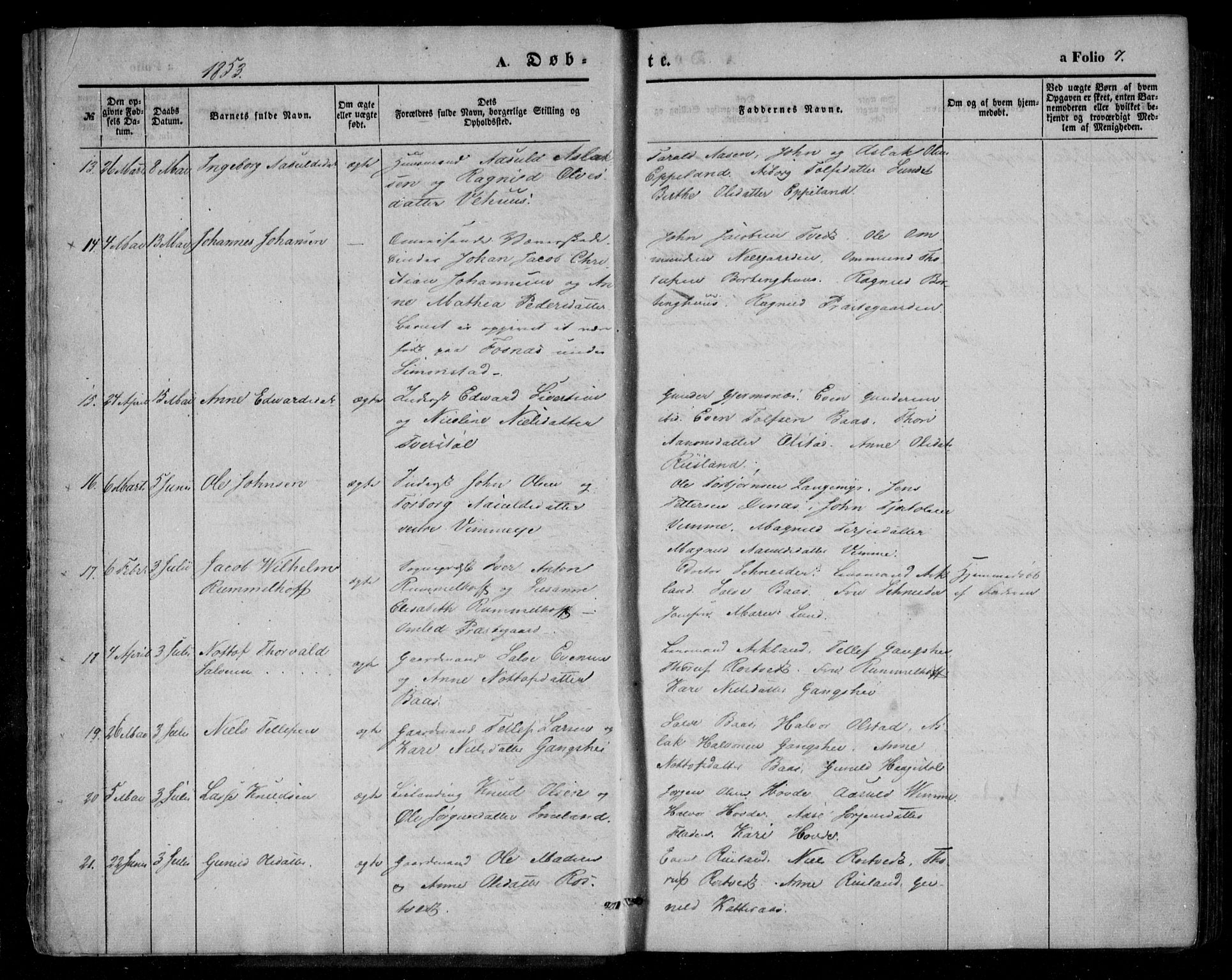 Åmli sokneprestkontor, SAK/1111-0050/F/Fa/Fac/L0008: Parish register (official) no. A 8, 1852-1869, p. 7
