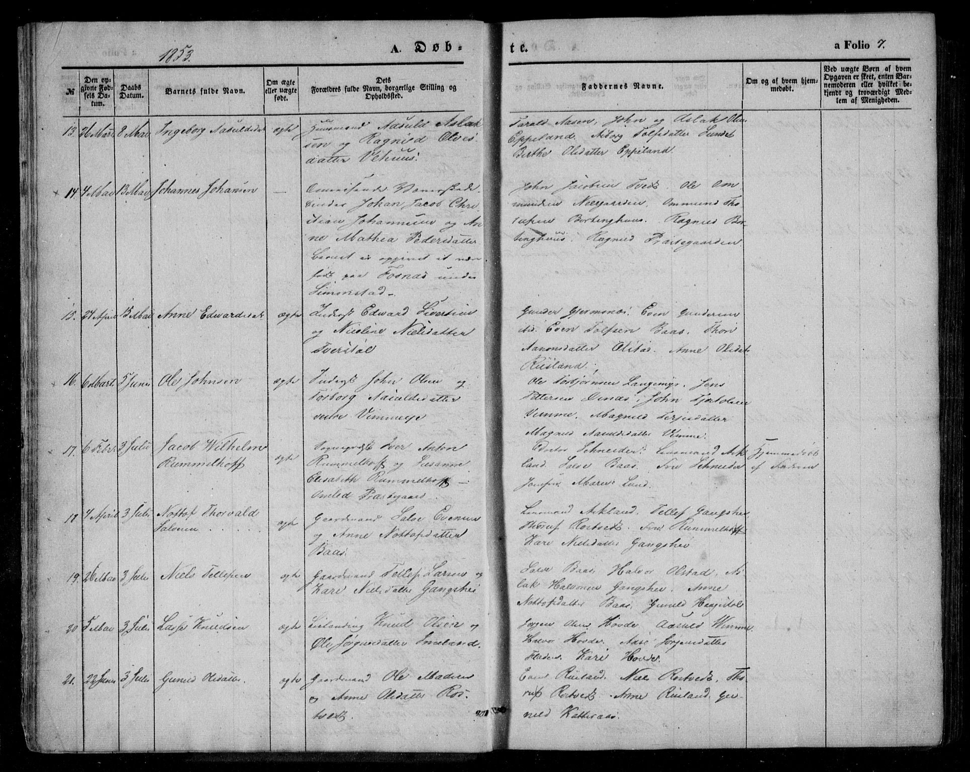 Åmli sokneprestkontor, AV/SAK-1111-0050/F/Fa/Fac/L0008: Parish register (official) no. A 8, 1852-1869, p. 7