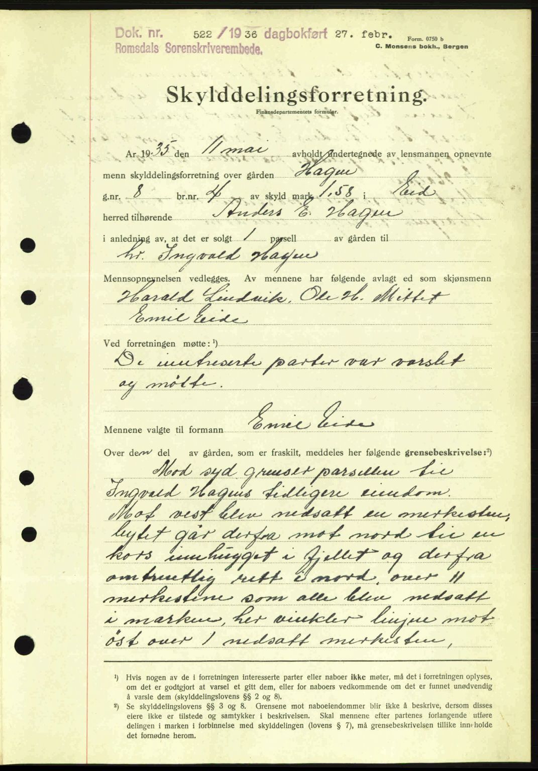 Romsdal sorenskriveri, AV/SAT-A-4149/1/2/2C: Mortgage book no. A1, 1936-1936, Diary no: : 522/1936