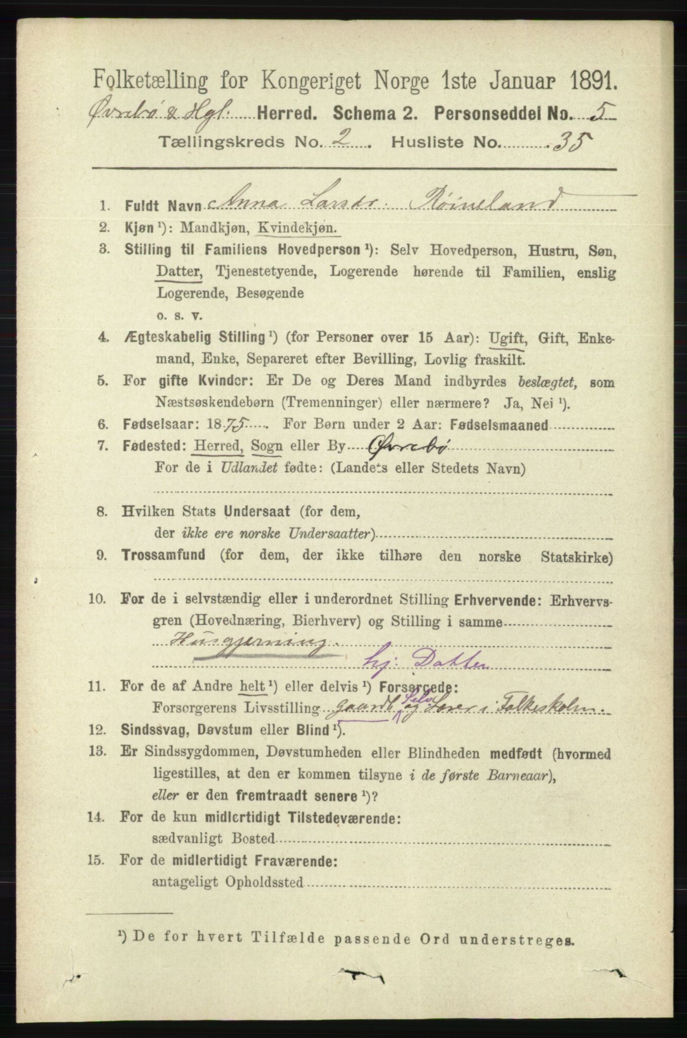 RA, 1891 census for 1016 Øvrebø og Hægeland, 1891, p. 495