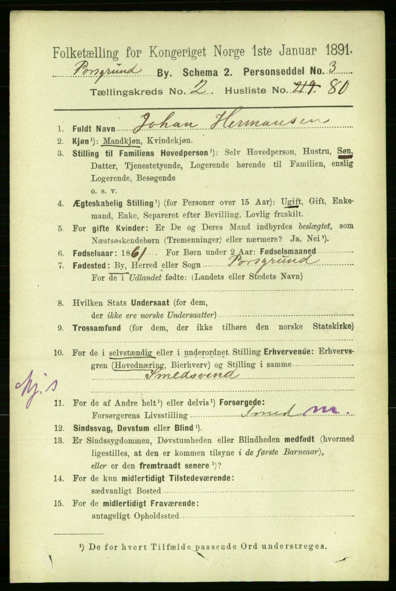 RA, 1891 census for 0805 Porsgrunn, 1891, p. 2773