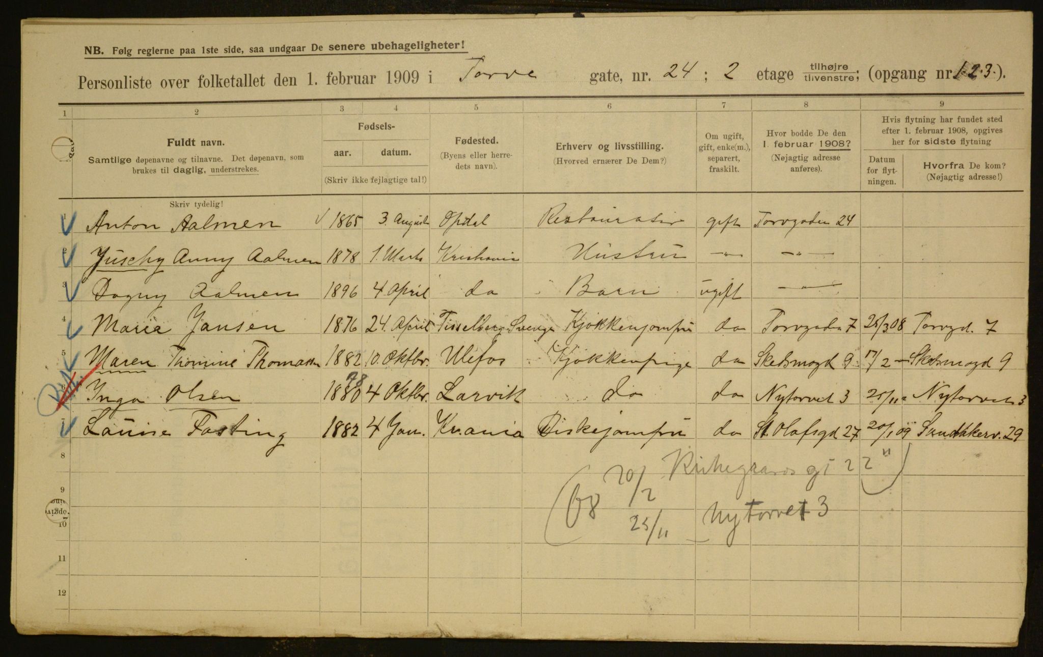 OBA, Municipal Census 1909 for Kristiania, 1909, p. 103516