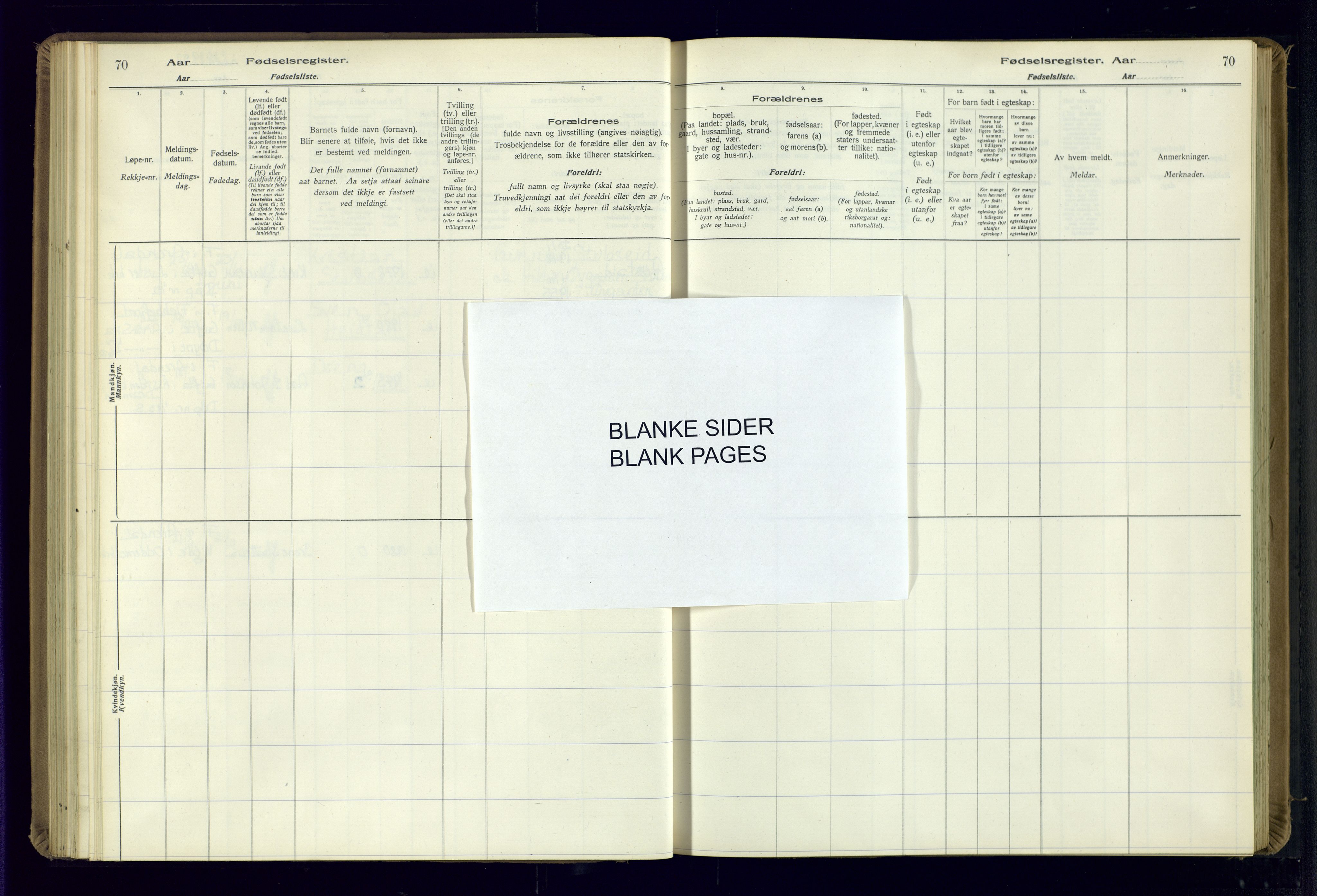 Bygland sokneprestkontor, AV/SAK-1111-0006/J/Ja/L0002: Birth register no. II.4.3, 1916-1982, p. 70