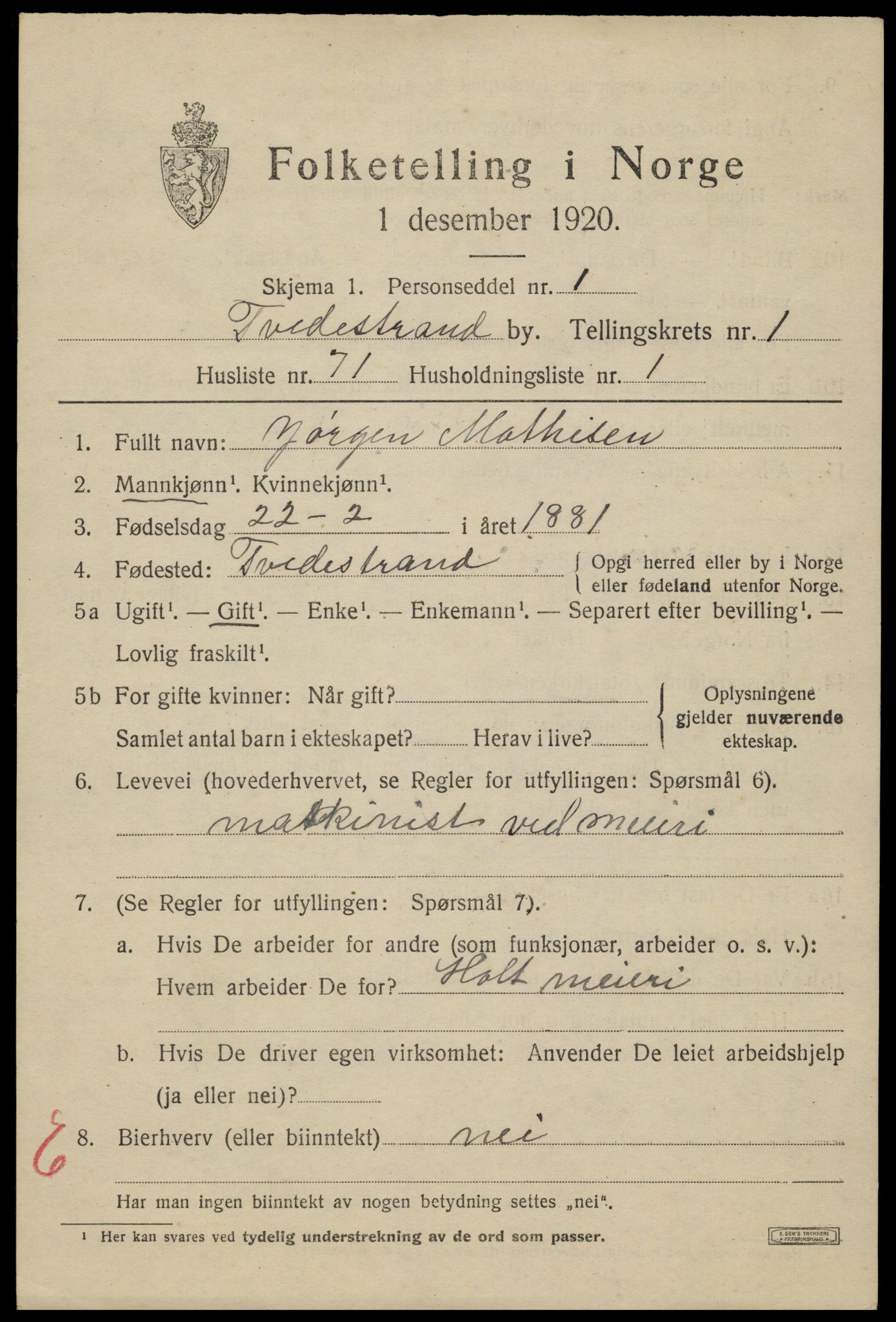 SAK, 1920 census for Tvedestrand, 1920, p. 2115