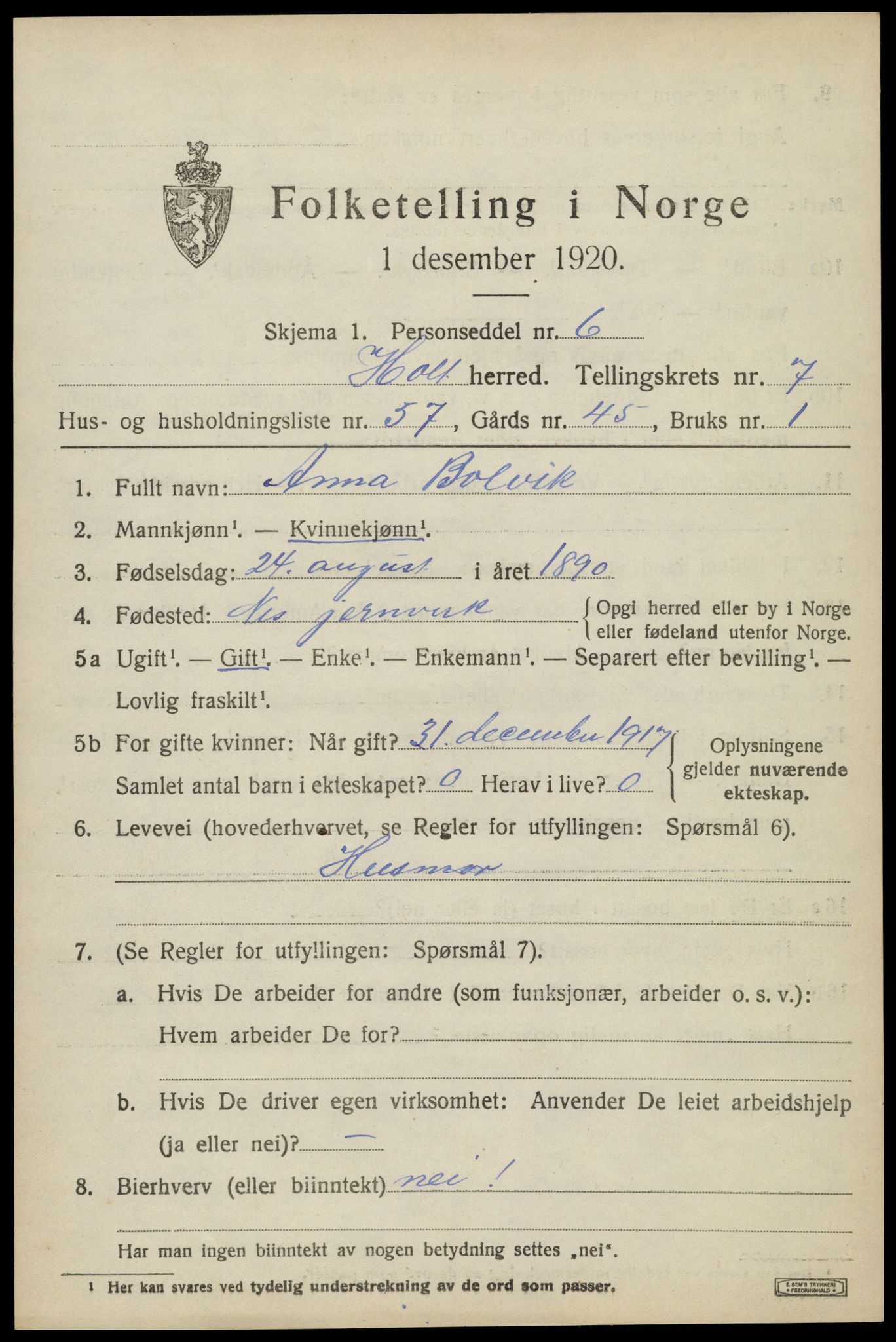 SAK, 1920 census for Holt, 1920, p. 4864