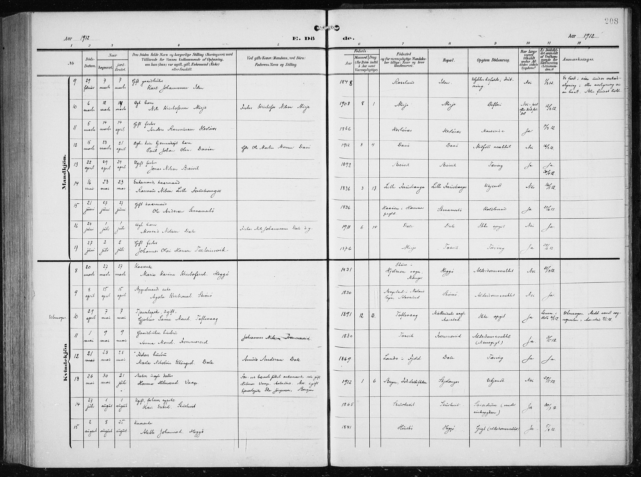 Herdla Sokneprestembete, SAB/A-75701/H/Haa: Parish register (official) no. A 5, 1905-1918, p. 208