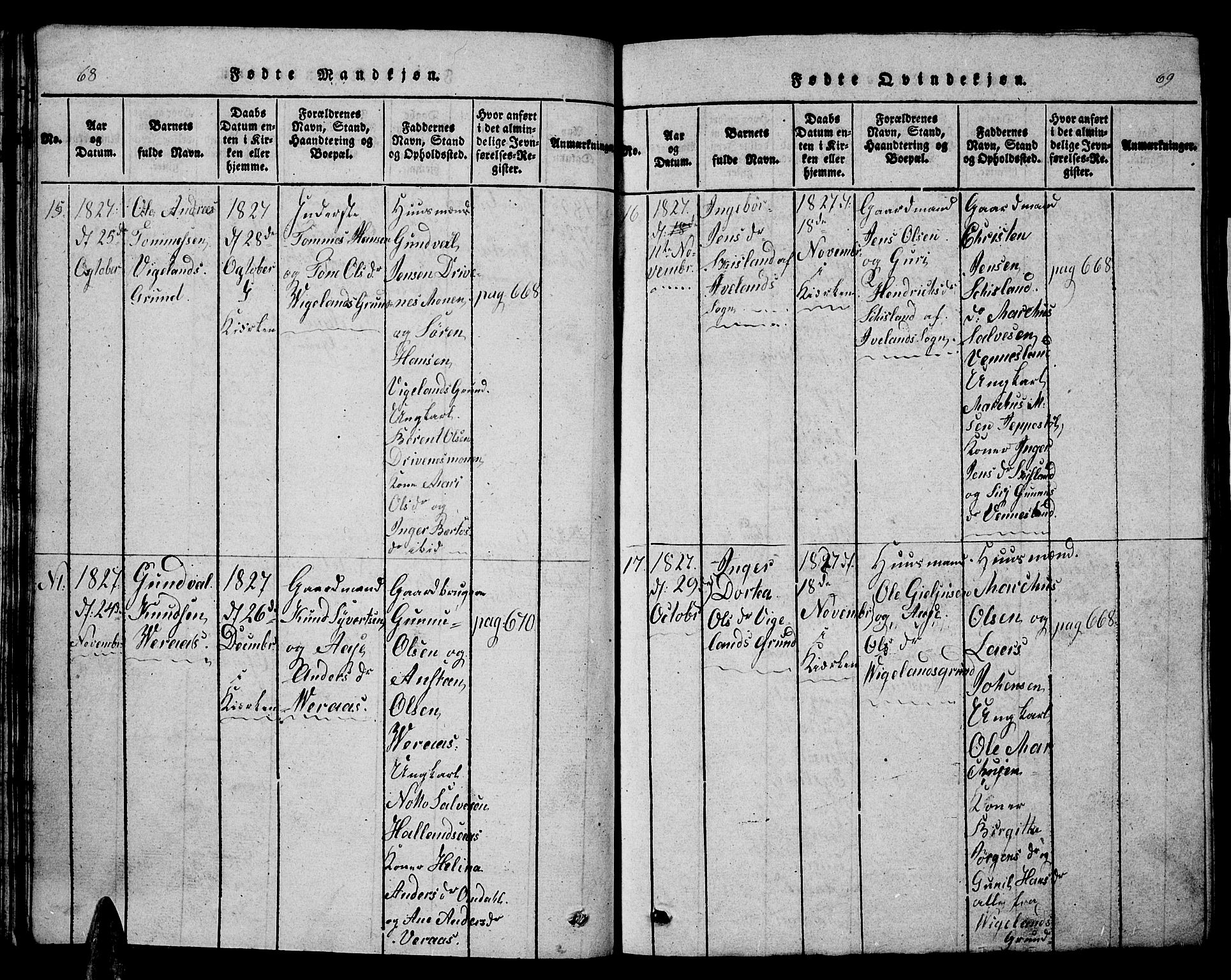 Vennesla sokneprestkontor, SAK/1111-0045/Fb/Fbb/L0001: Parish register (copy) no. B 1, 1820-1834, p. 68-69