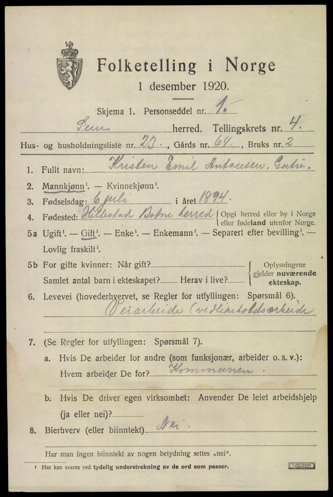 SAKO, 1920 census for Sem, 1920, p. 7323