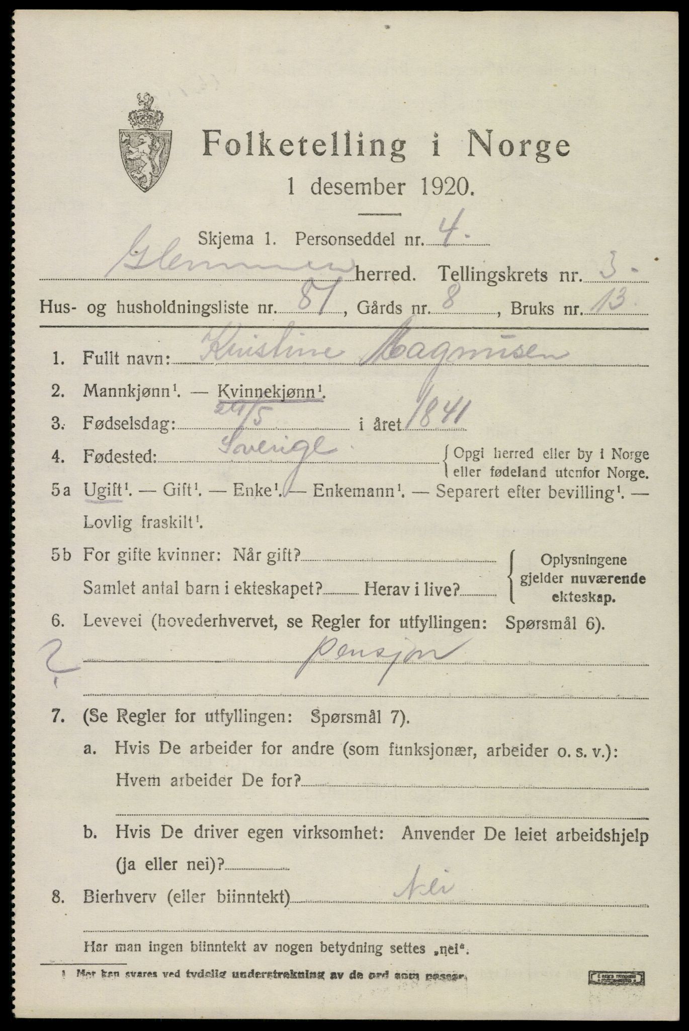 SAO, 1920 census for Glemmen, 1920, p. 7607