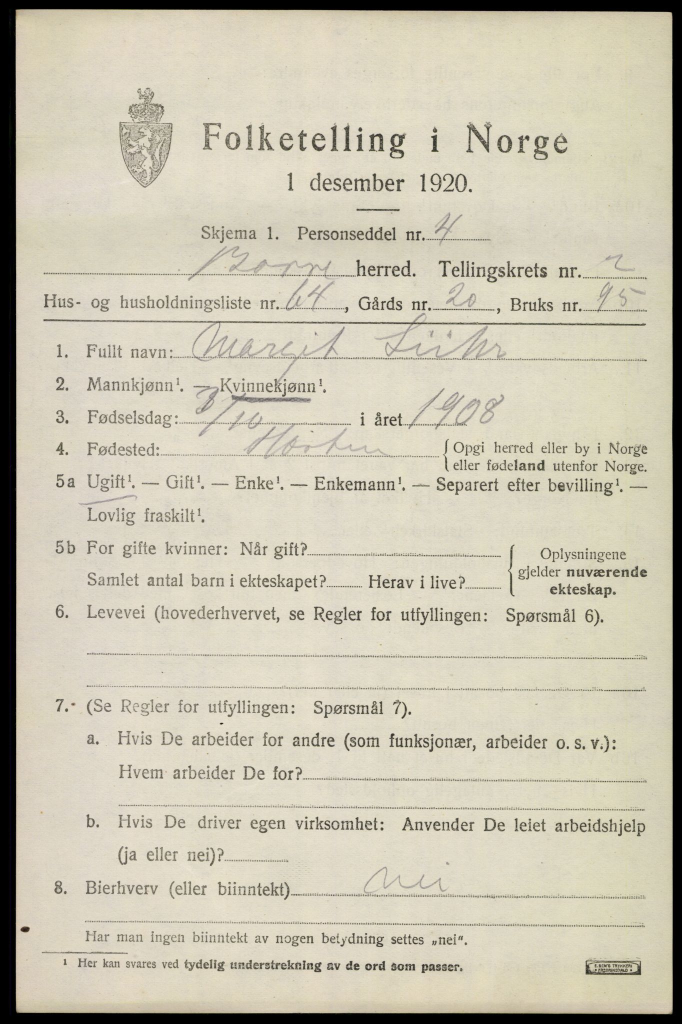 SAKO, 1920 census for Borre, 1920, p. 4908